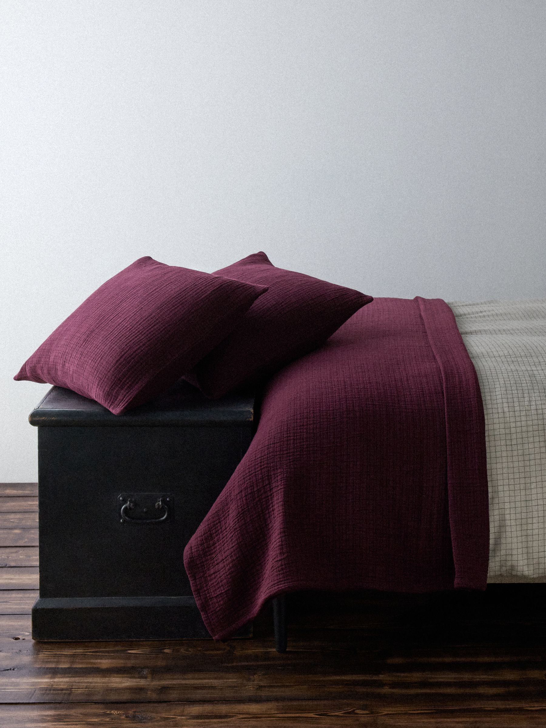 The Set 3 Piece Burgundy Crinkle Muslin Throw and Cushion Covers - Image 2 of 4 The Set 3 Piece Burgundy Crinkle Muslin Throw and Cushion Covers - Image 2 of 4