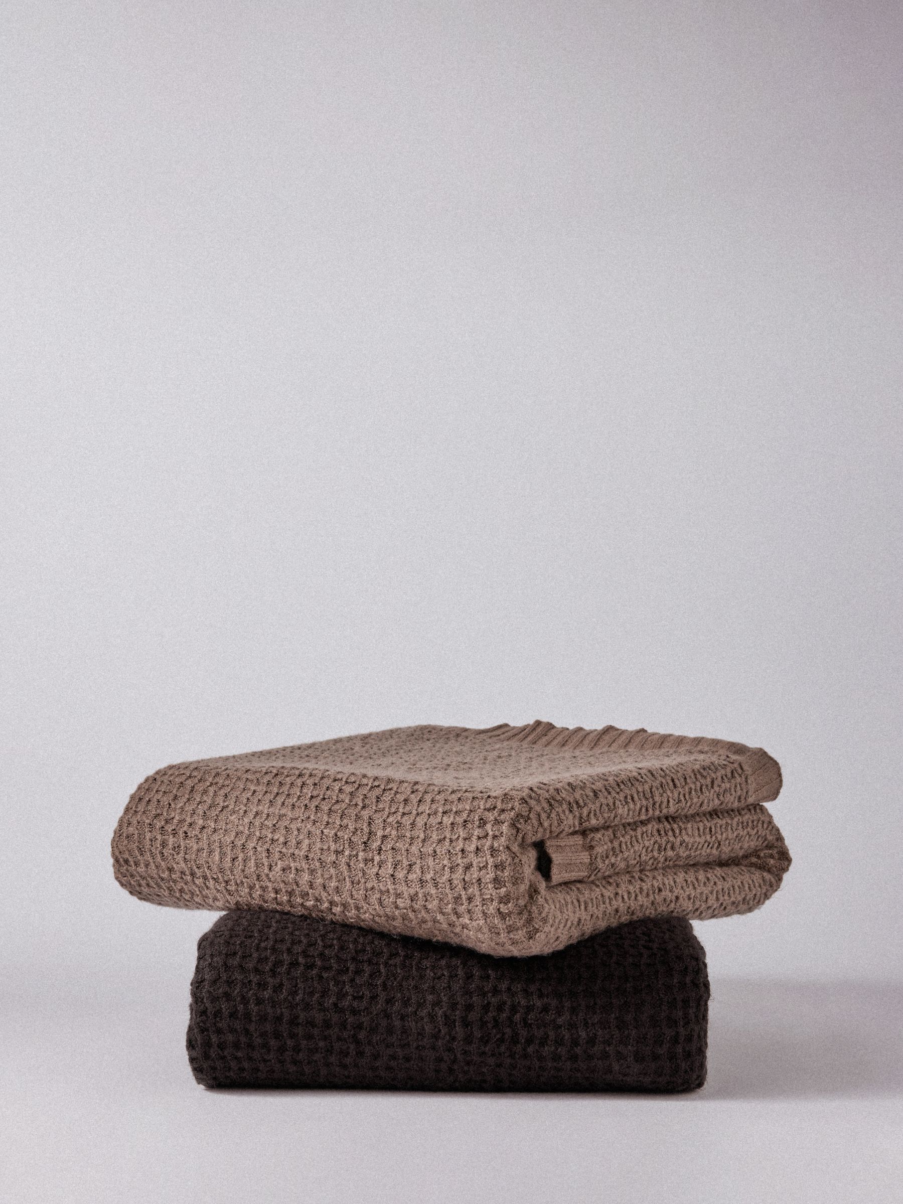 The Set 2 Pack Chocolate Brown/Taupe Ribbed Waffle Knitted Throws - Image 3 of 5