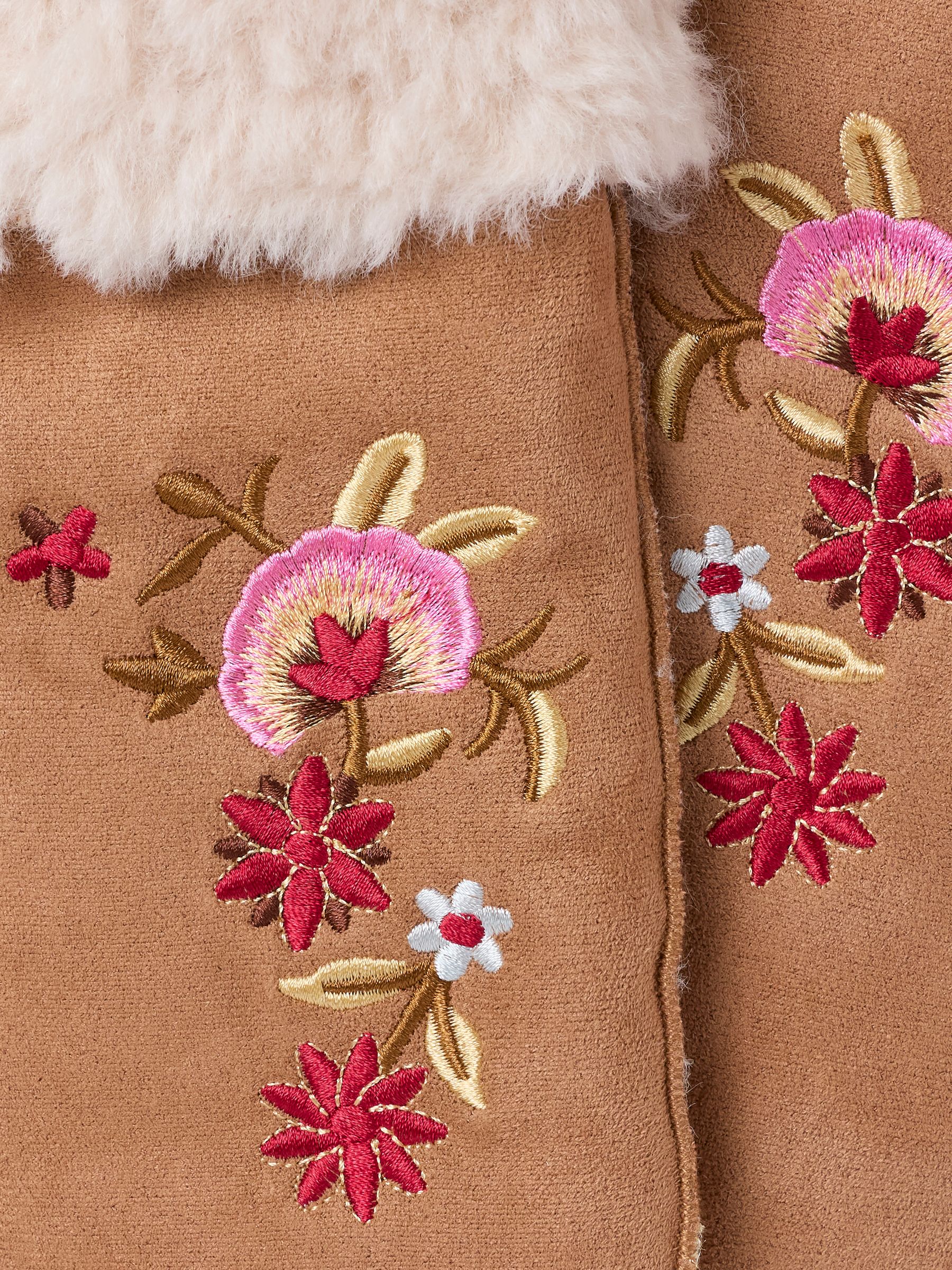 Tan Brown Faux Fur Floral Embroidered Mittens - Image 3 of 3