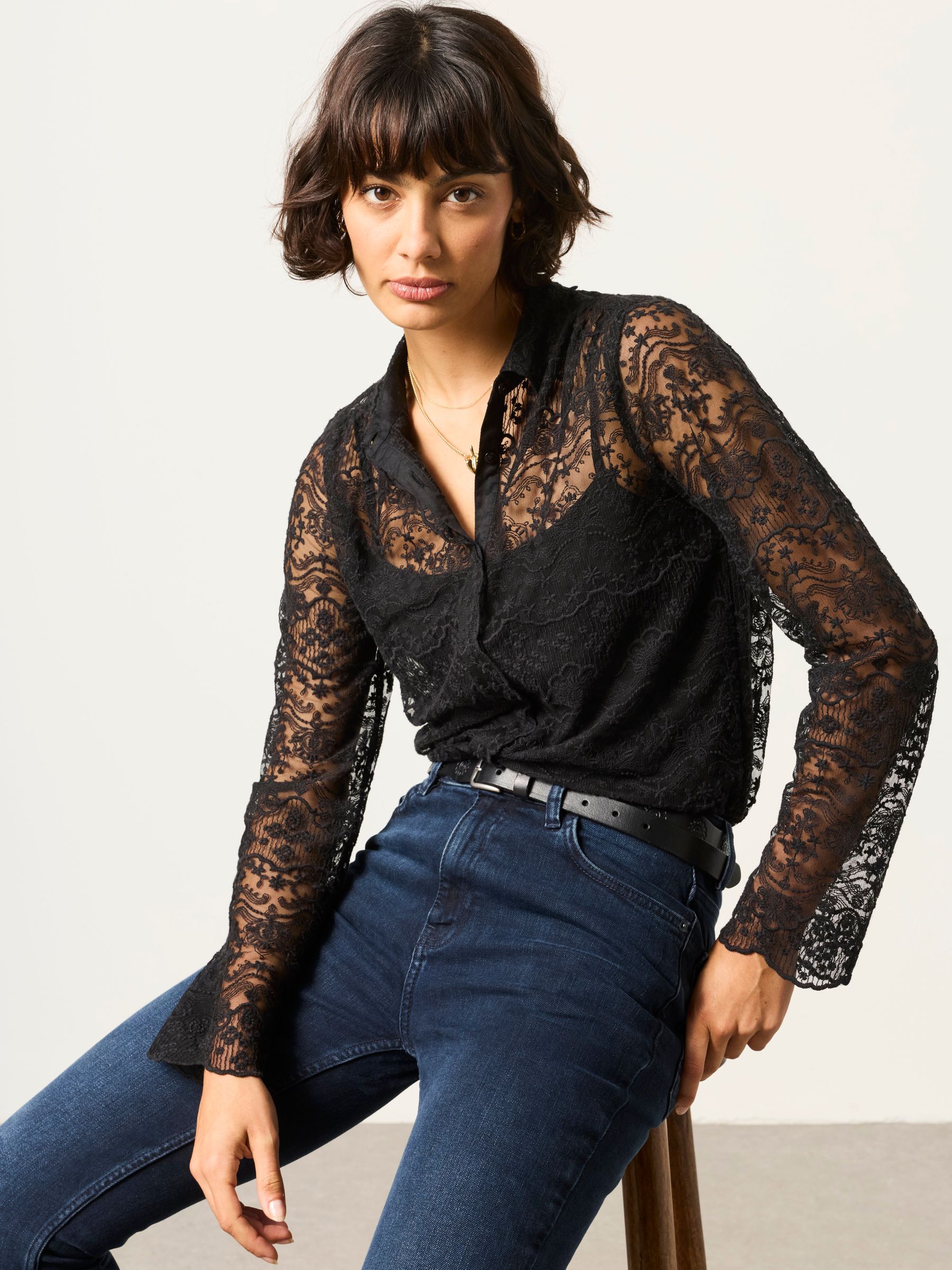 Lilly 2 in 1 Black Lace Shirt with Jersey Cami | FatFace USA