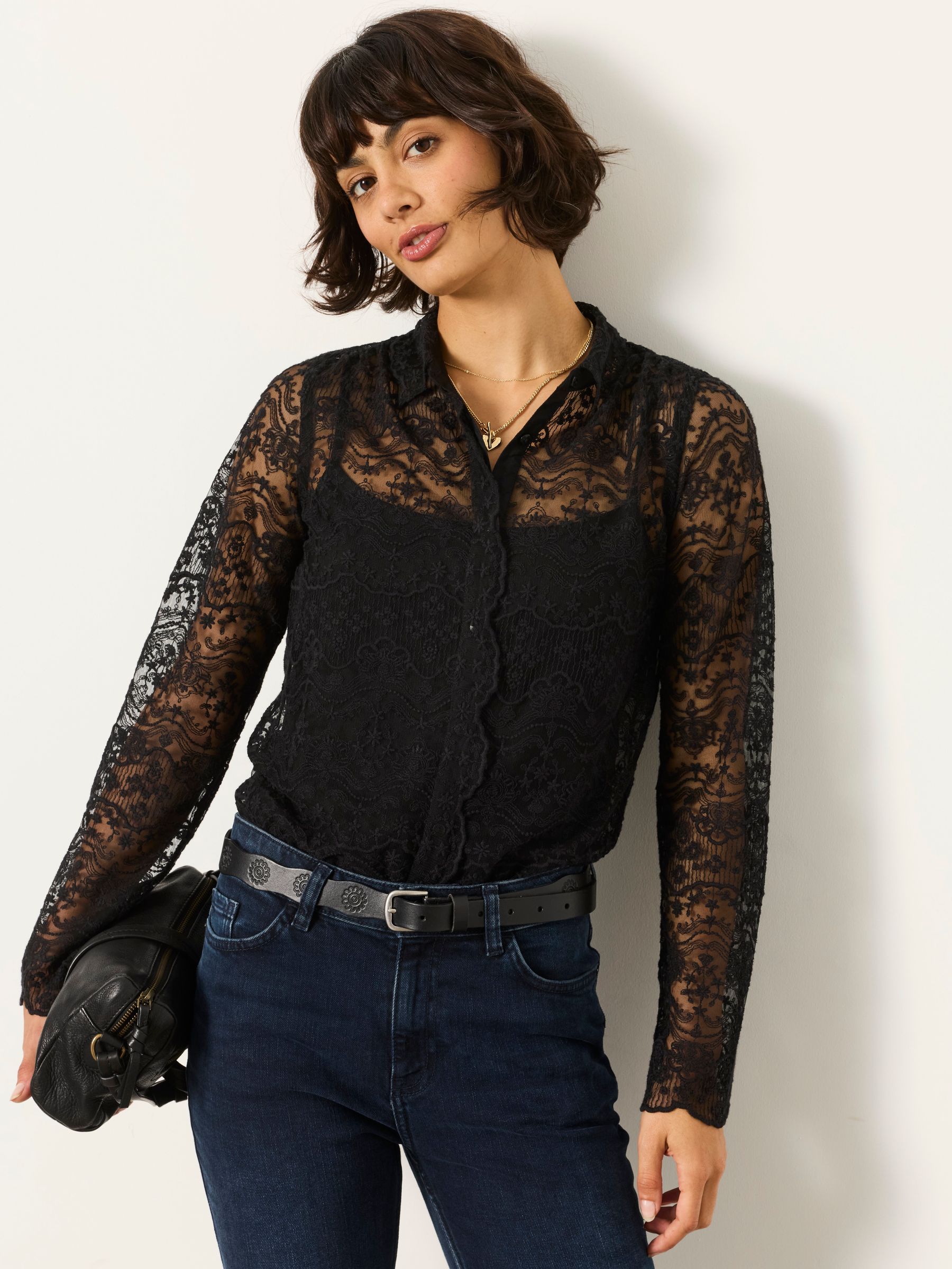Lilly 2 in 1 Black Lace Shirt with Jersey Cami | FatFace USA