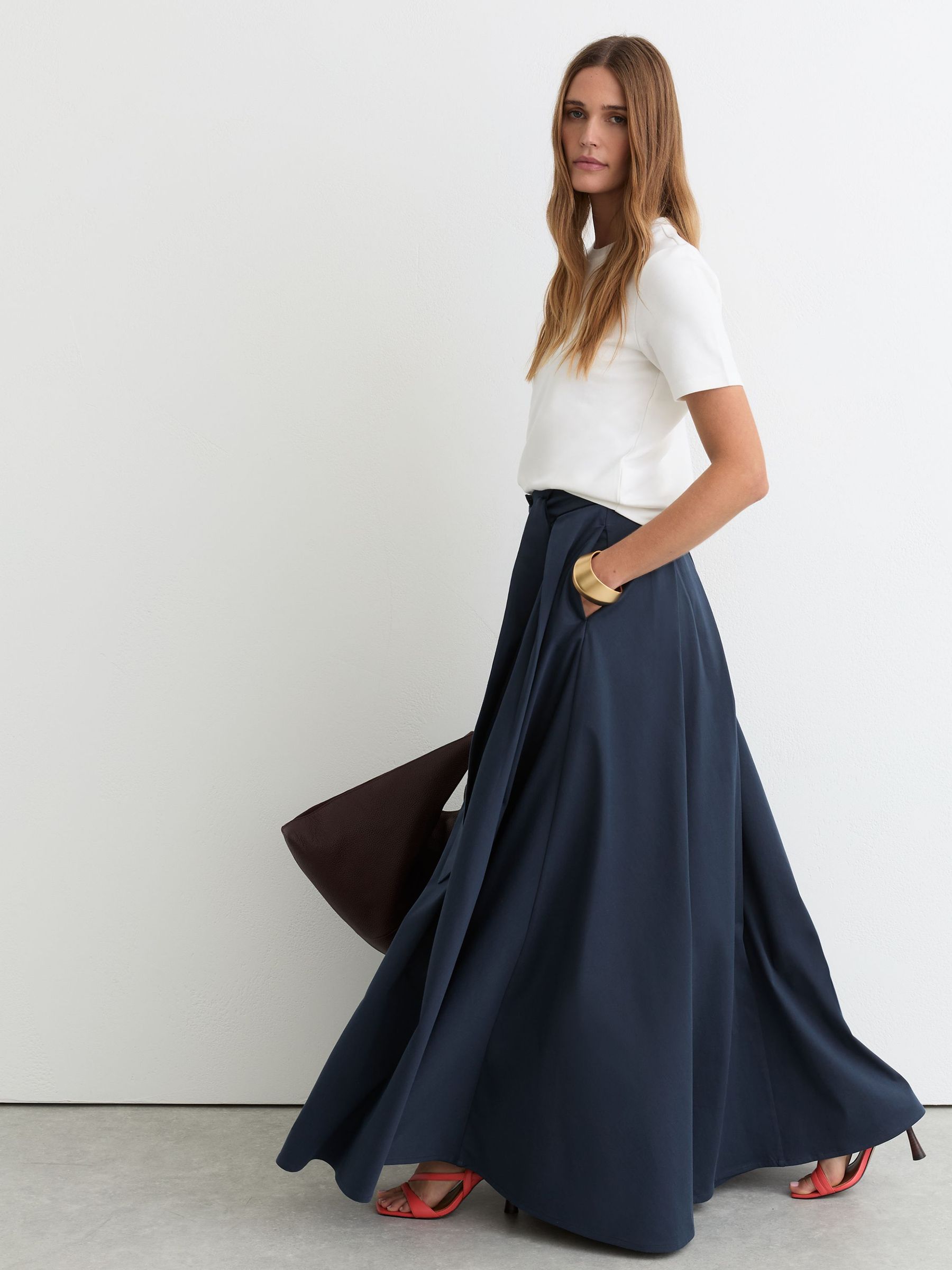 Cotton-Blend Pleated Maxi Skirt in Navy - Image 1 of 7