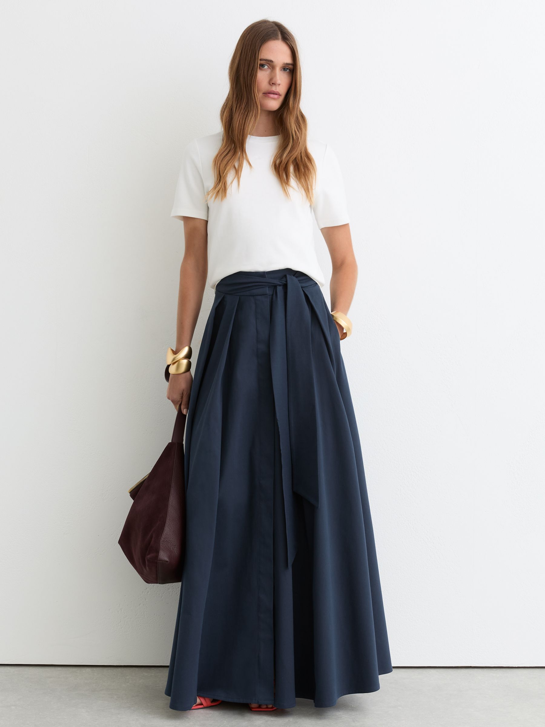 Petite Cotton-Blend Pleated Maxi Skirt in Navy - image 3