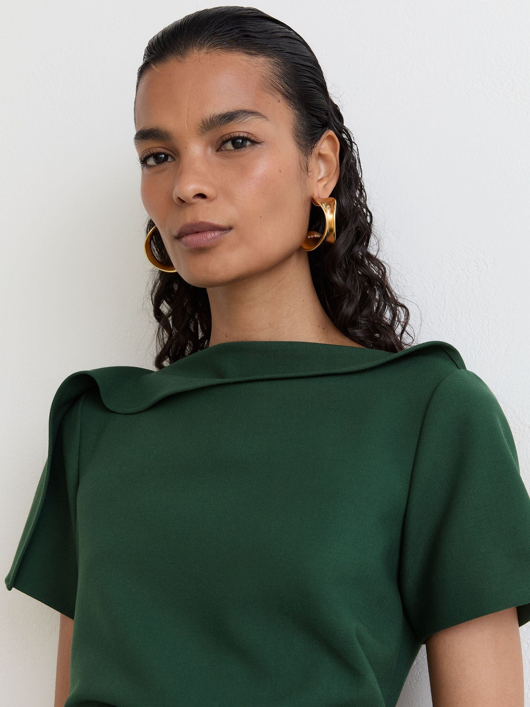 Petite Ruched-Detail Boat-Neck Midi Dress in Teal Green - Image 3 of 6