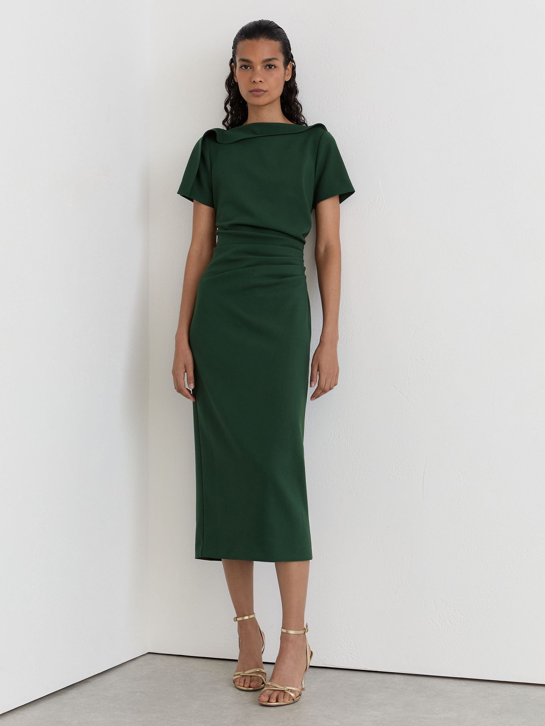 Petite Ruched-Detail Boat-Neck Midi Dress in Teal Green - Image 4 of 6