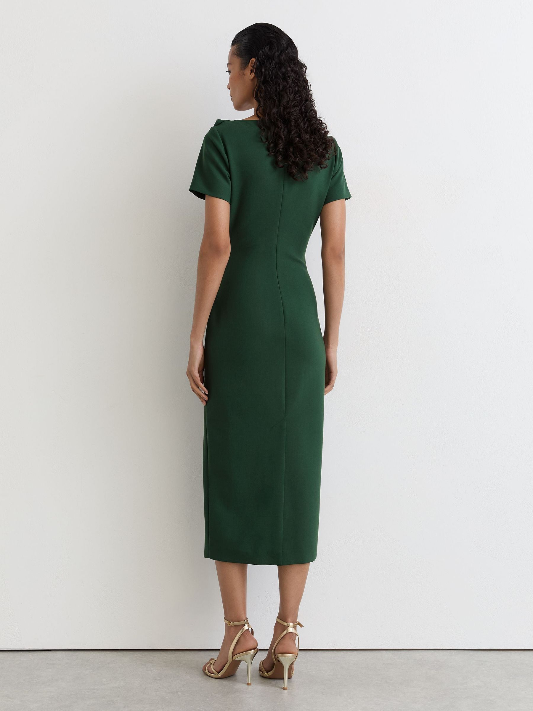 Petite Ruched-Detail Boat-Neck Midi Dress in Teal Green - Image 5 of 6