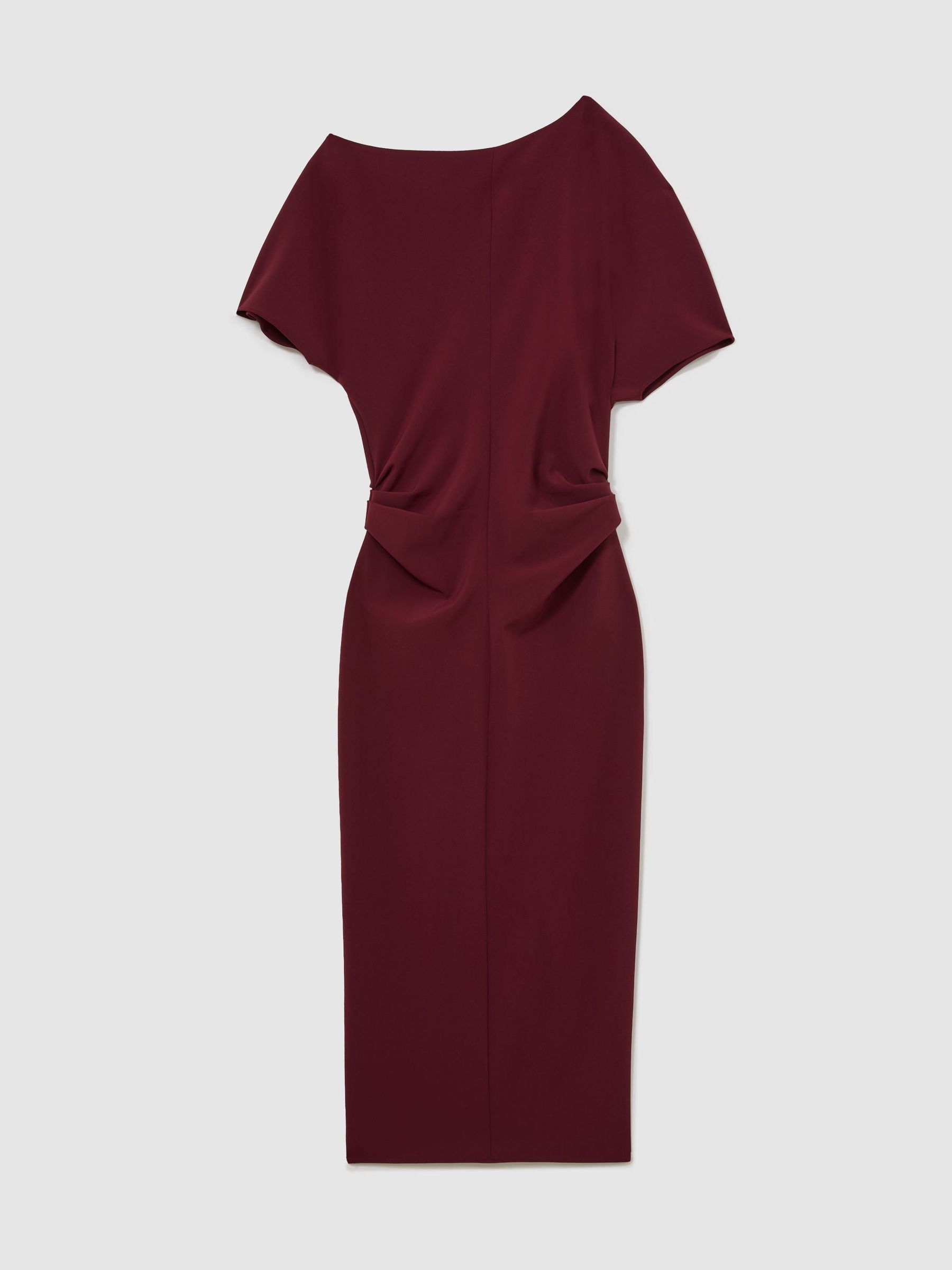 Off-Shoulder Ruched Midi Dress in Berry Red - Image 2 of 6