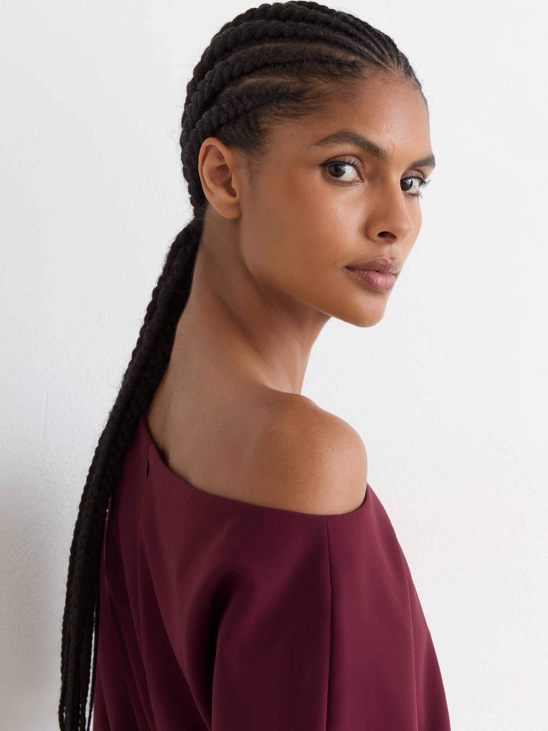 Off-Shoulder Ruched Midi Dress in Berry Red - Image 4 of 6