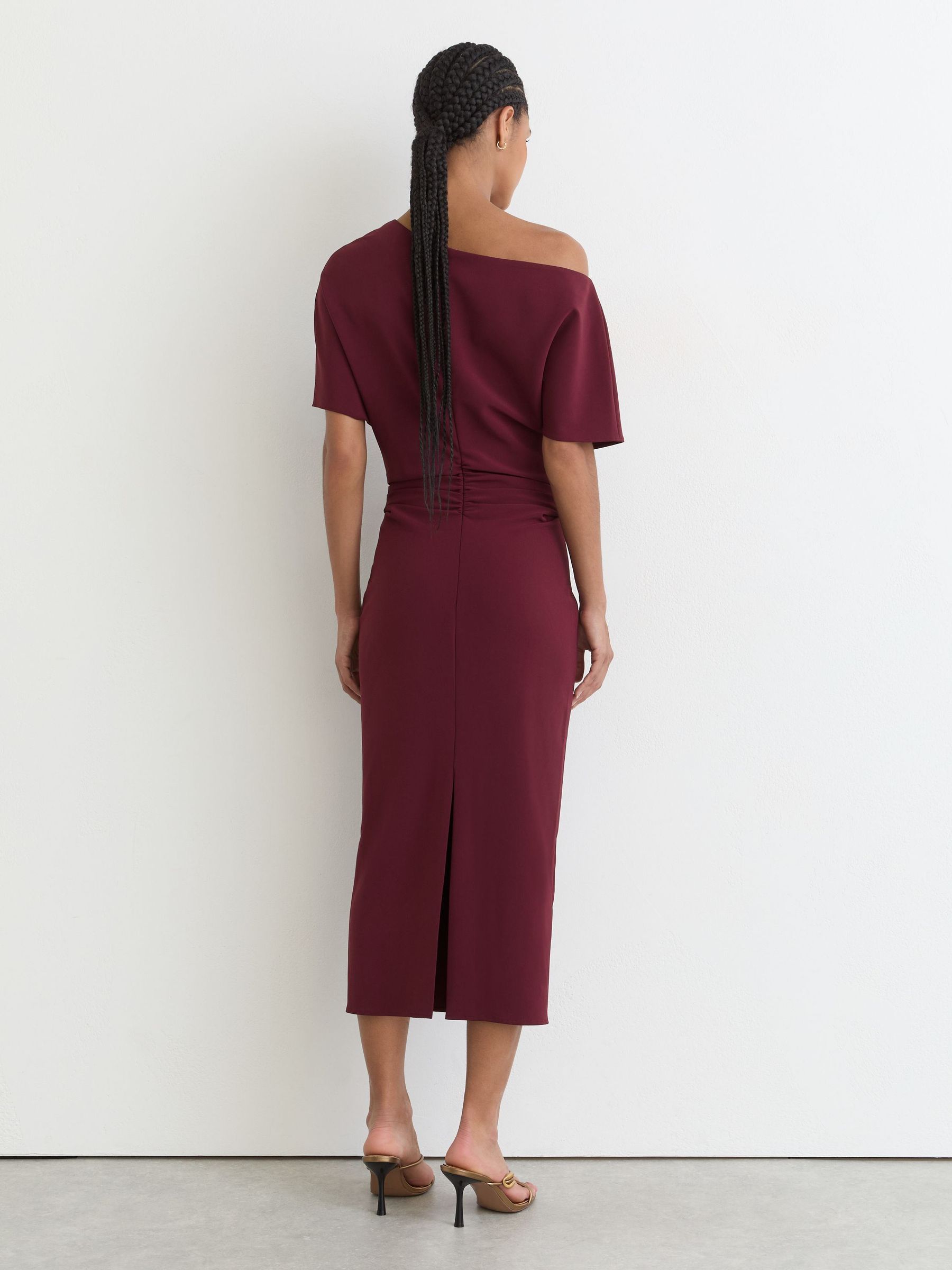 Off-Shoulder Ruched Midi Dress in Berry Red - Image 5 of 6