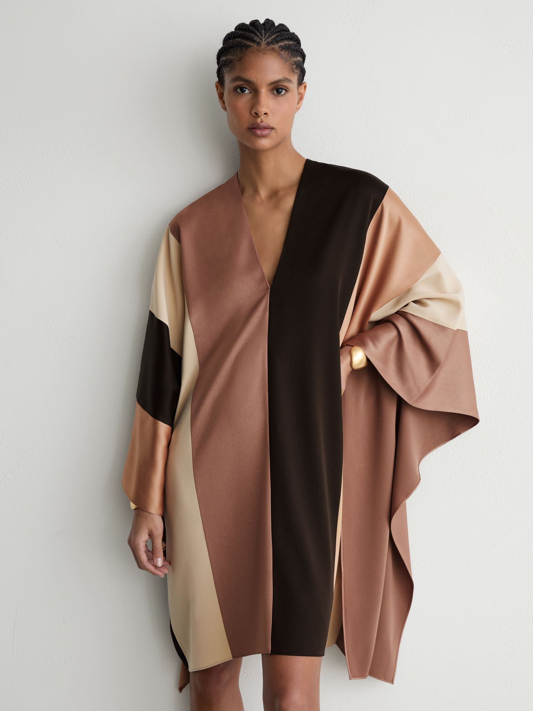 Colour-Block Tunic Dress in Chocolate Brown/Cream - Image 1 of 7