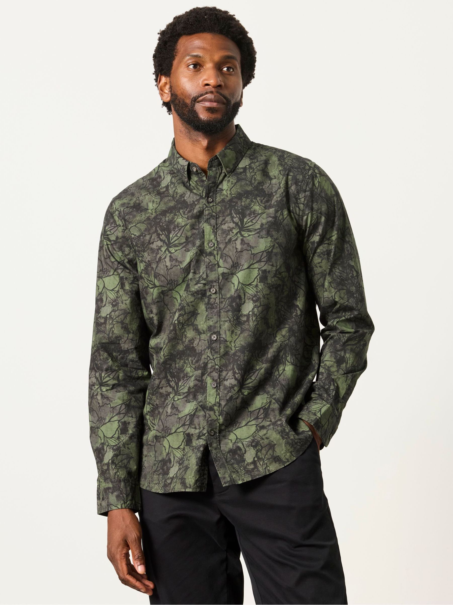 Dark Green Long Sleeve Painted Floral Print Shirt - Image 1 of 5