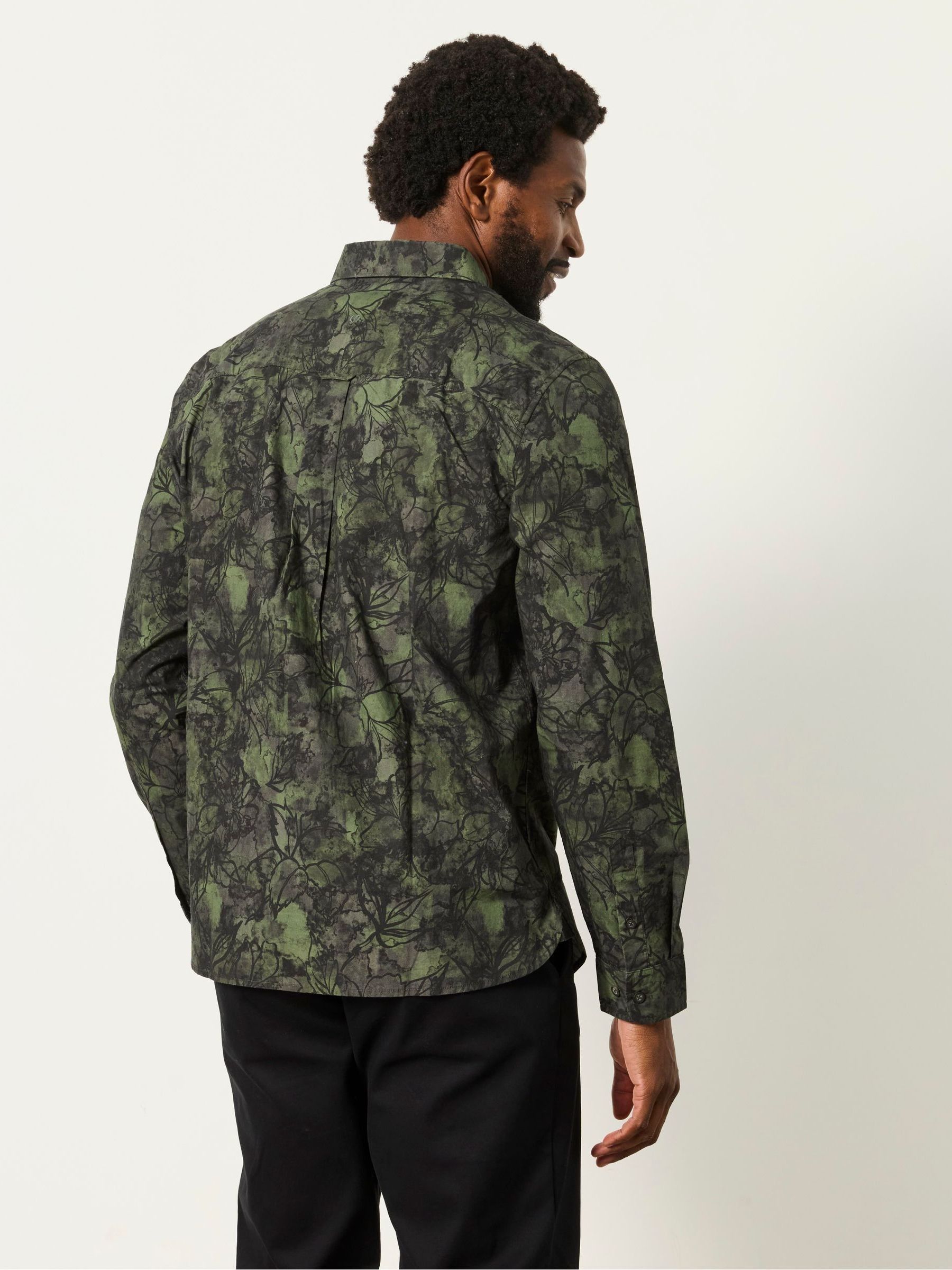 Dark Green Long Sleeve Painted Floral Print Shirt - Image 2 of 5 Dark Green Long Sleeve Painted Floral Print Shirt - Image 2 of 5