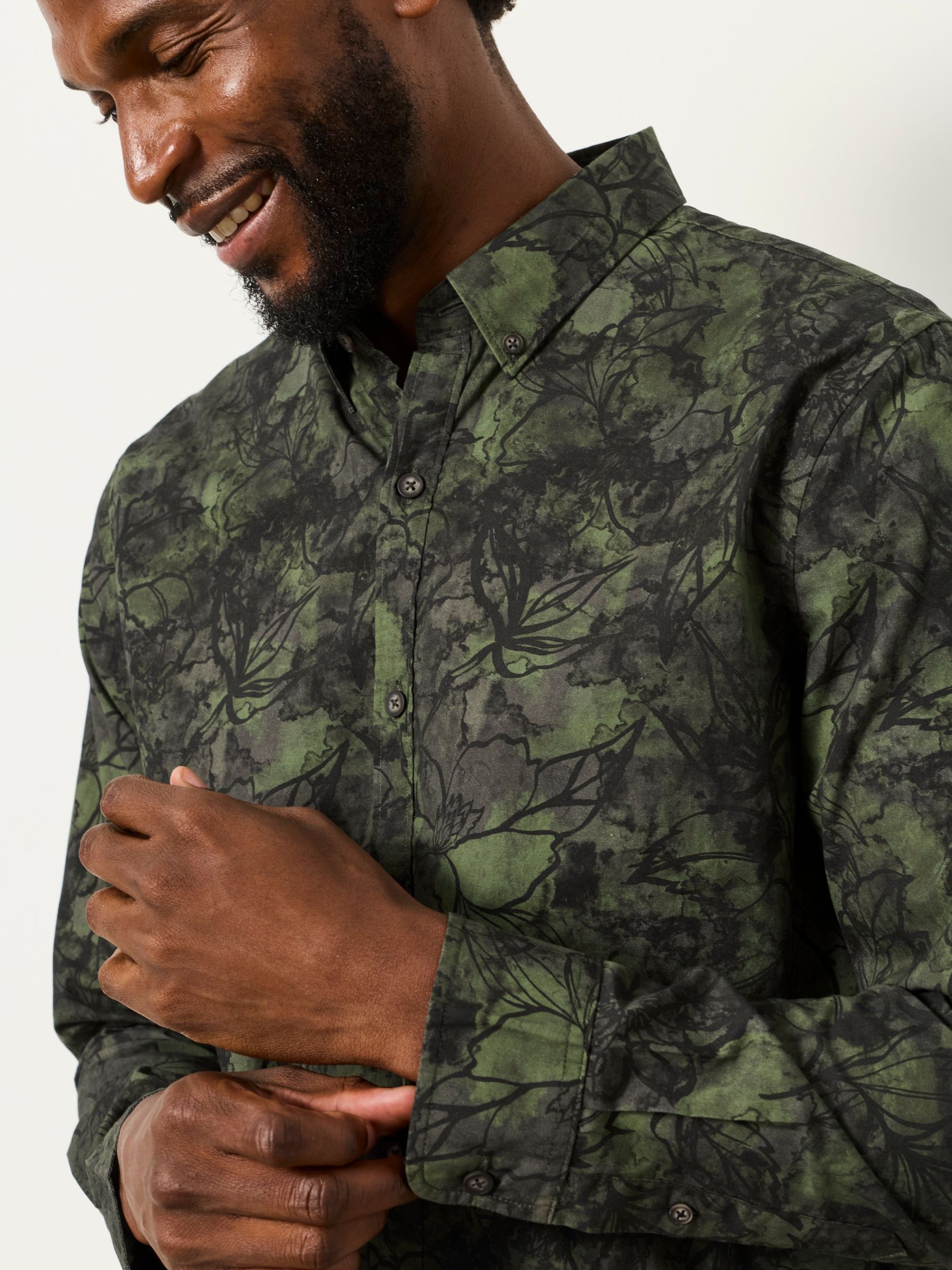 Dark Green Long Sleeve Painted Floral Print Shirt - Image 3 of 5