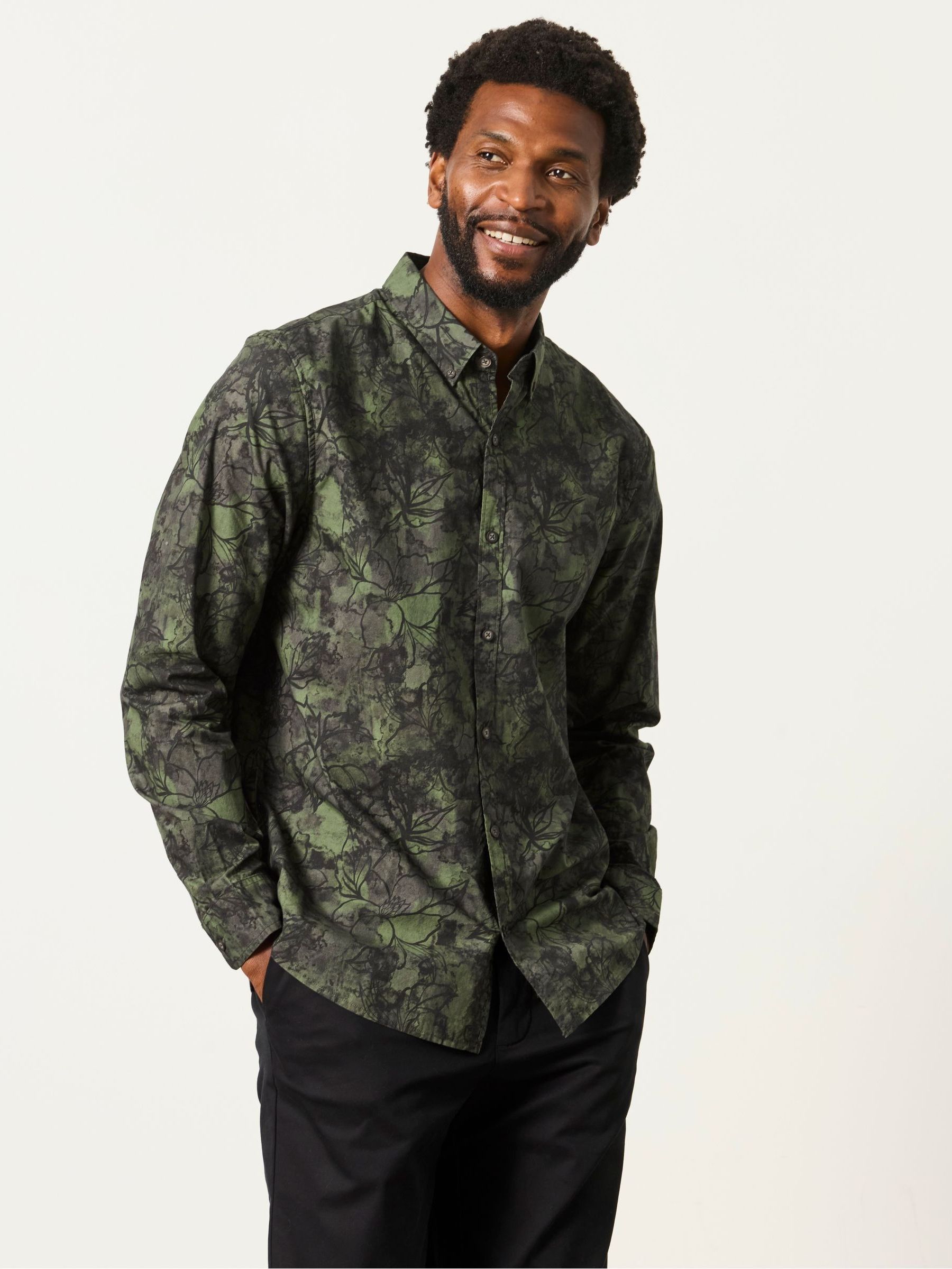 Dark Green Long Sleeve Painted Floral Print Shirt - Image 4 of 5