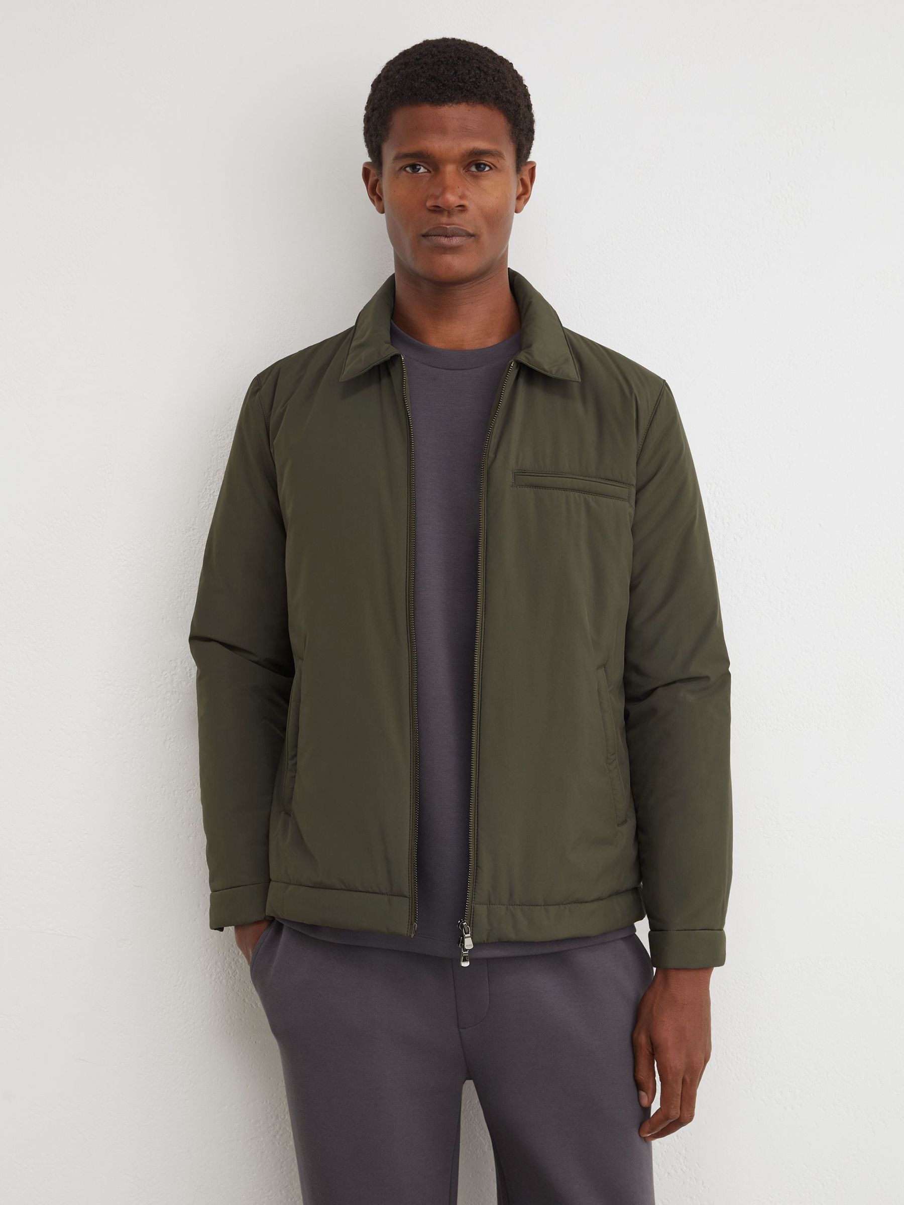 Technical Padded Zip-Through Jacket in Olive Green - Image 1 of 6