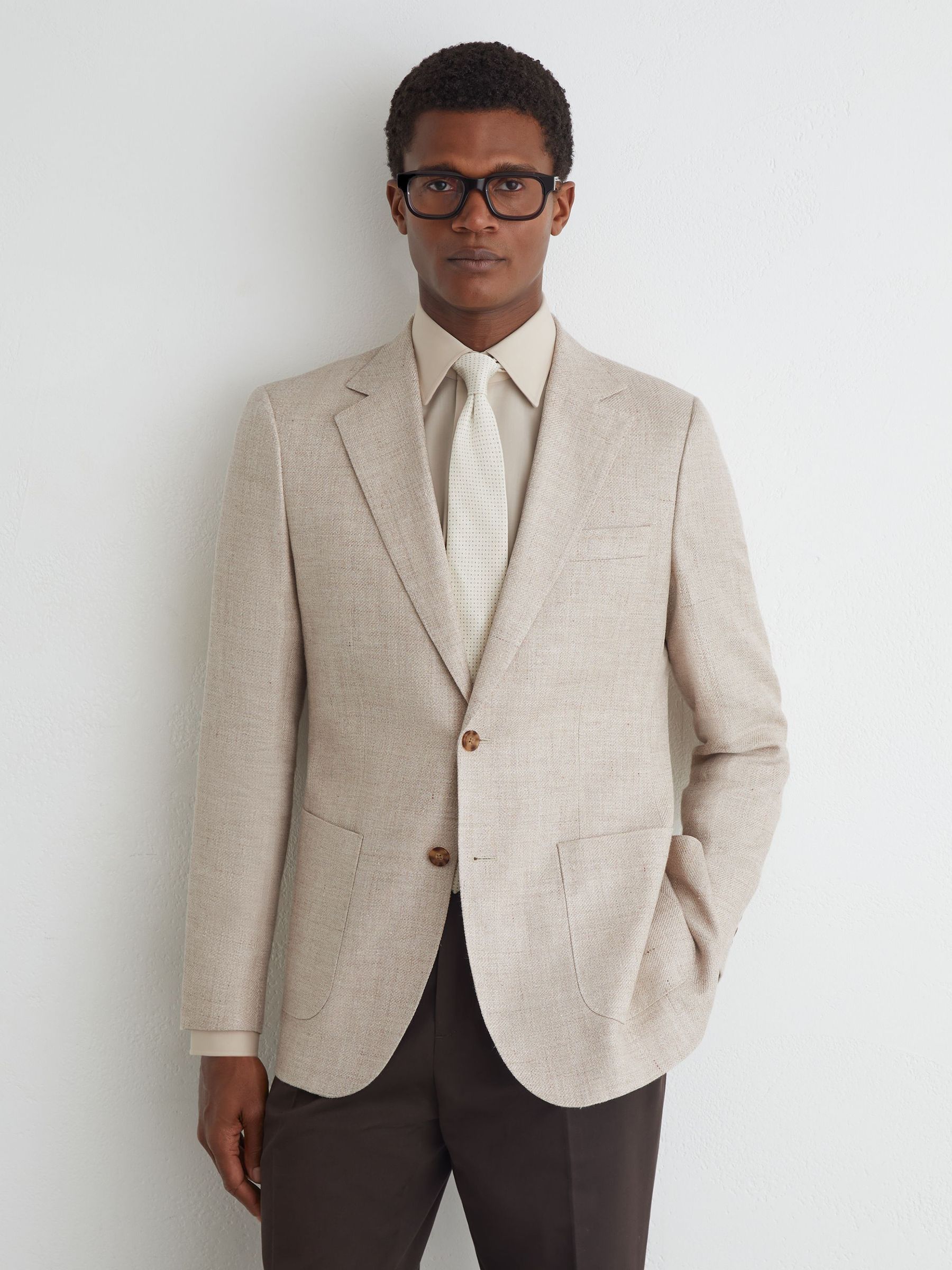Atelier Oatmeal Linen Blend Single Breasted Tailored Fit Blazer in Oatmeal - Image 5 of 10