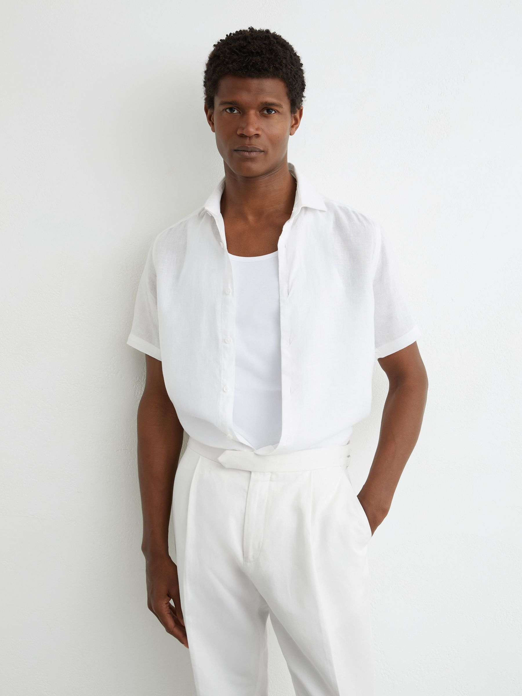 Linen-Blend Side-Adjuster Tapered Trousers in White - Image 1 of 7 Linen-Blend Side-Adjuster Tapered Trousers in White - Image 1 of 7