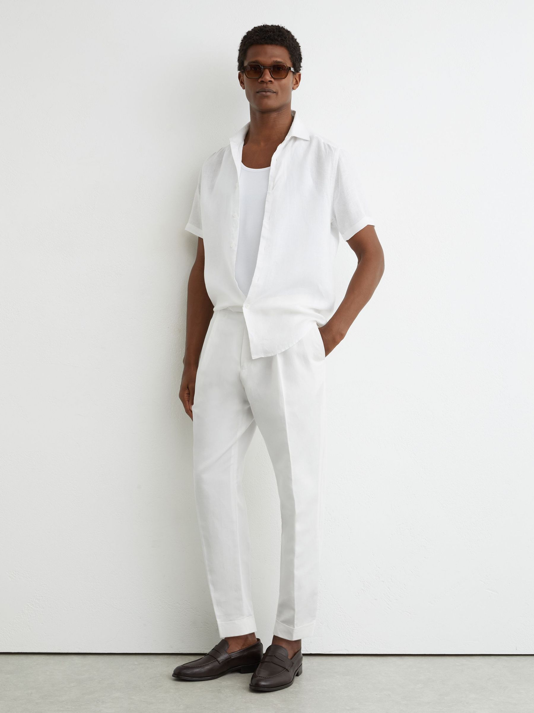 Linen-Blend Side-Adjuster Tapered Trousers in White - Image 3 of 7