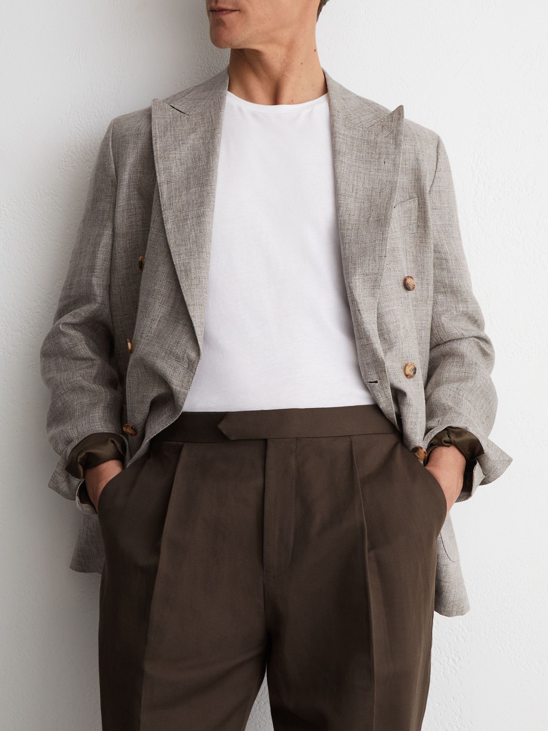 Linen-Blend Side-Adjuster Tapered Trousers in Chocolate Brown - Image 1 of 6