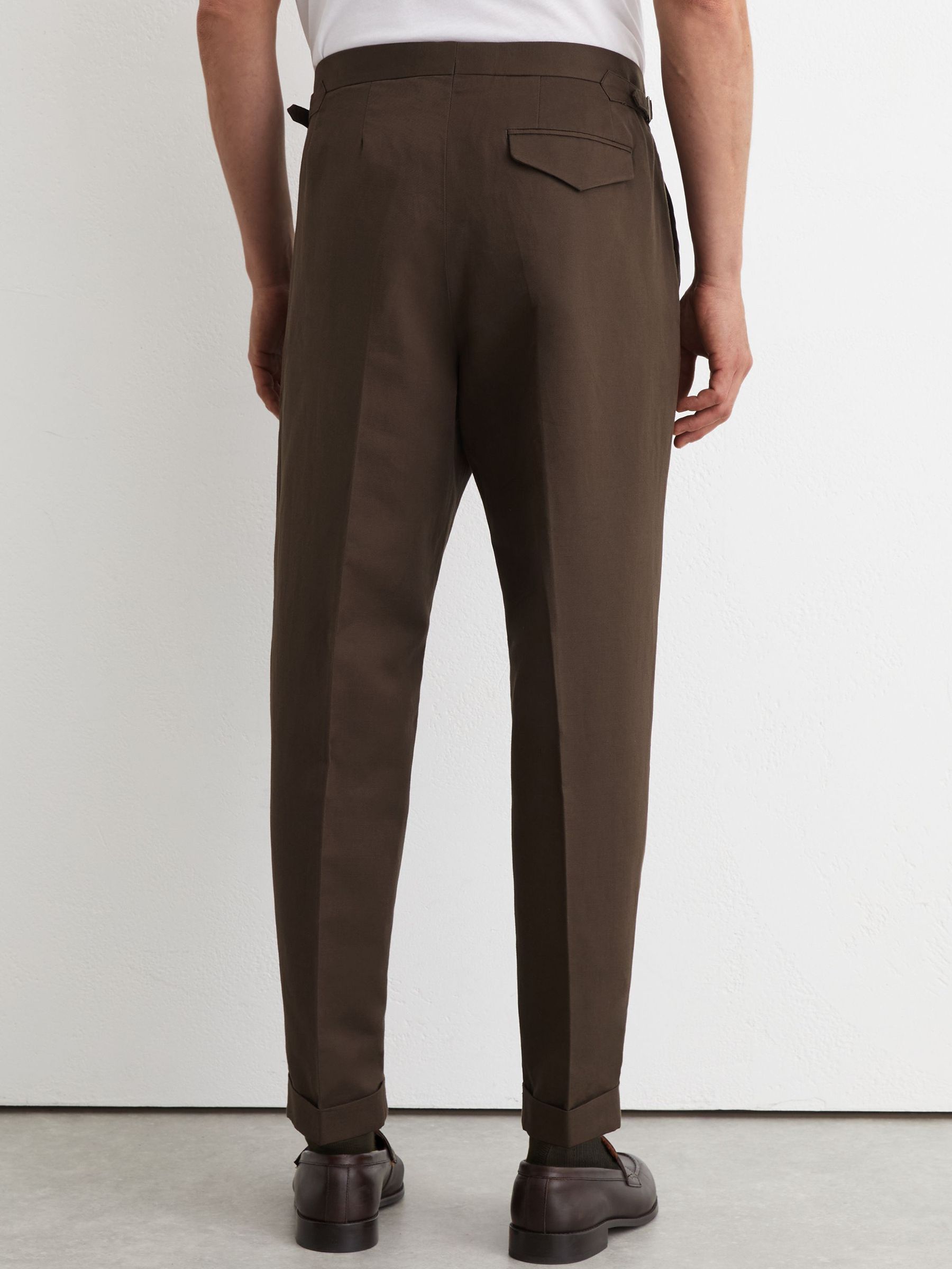Linen-Blend Side-Adjuster Tapered Trousers in Chocolate Brown - Image 5 of 6