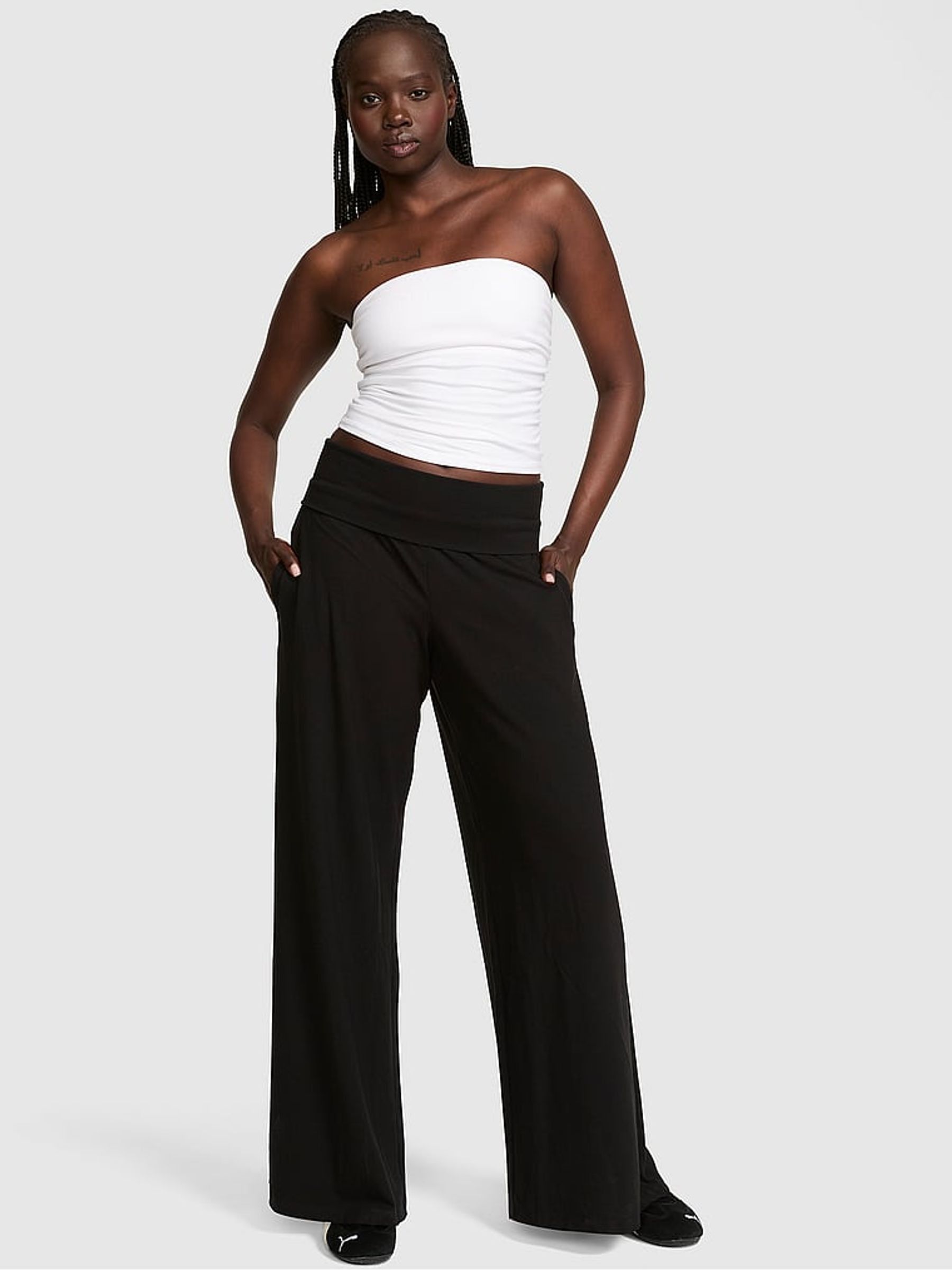 Black Foldover Wide leg Trousers - Image 1 of 2