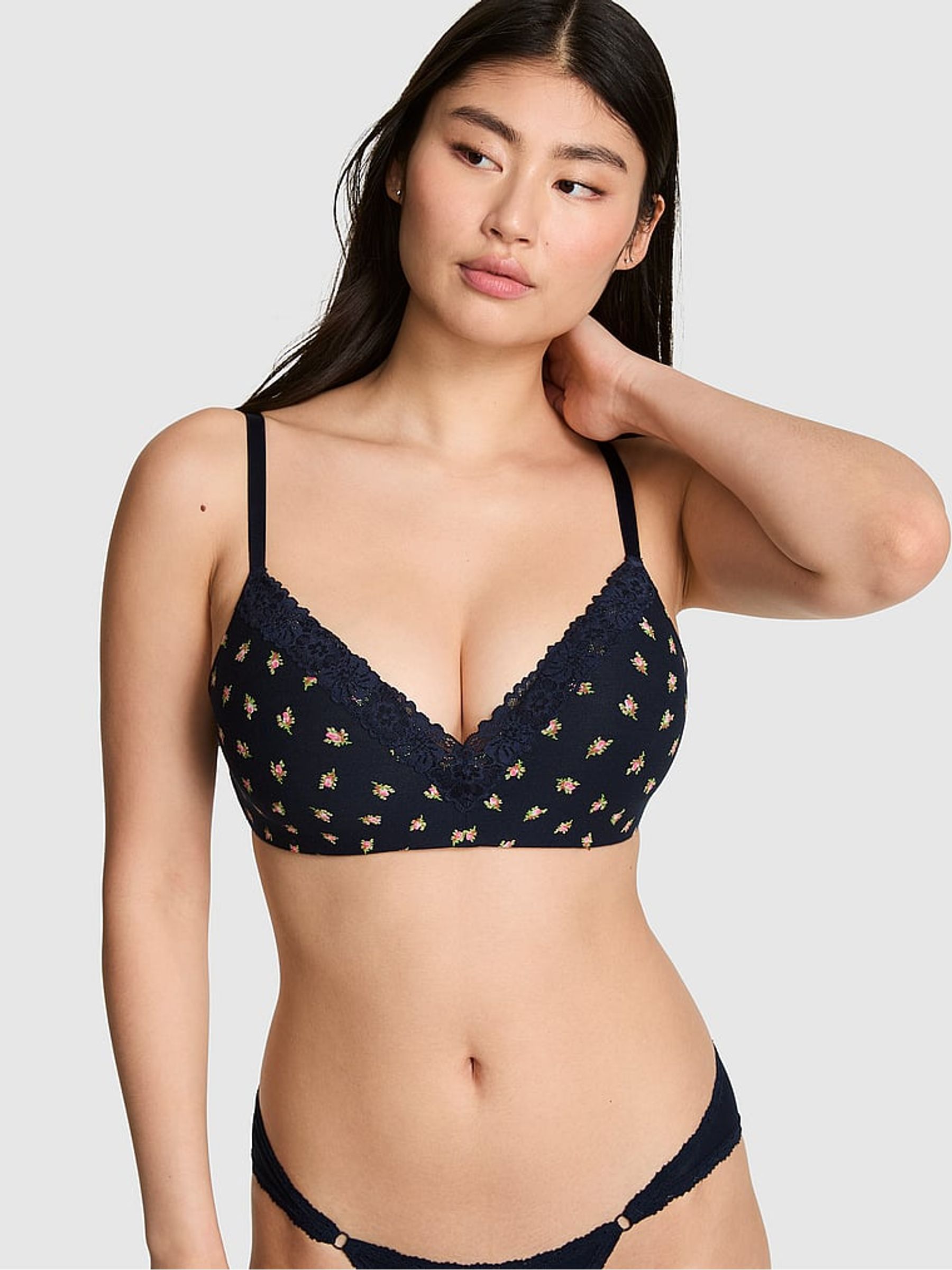 Noir Navy Blue Floral Print Non Wired Lightly Lined Lace Trim Bra - Image 1 of 2