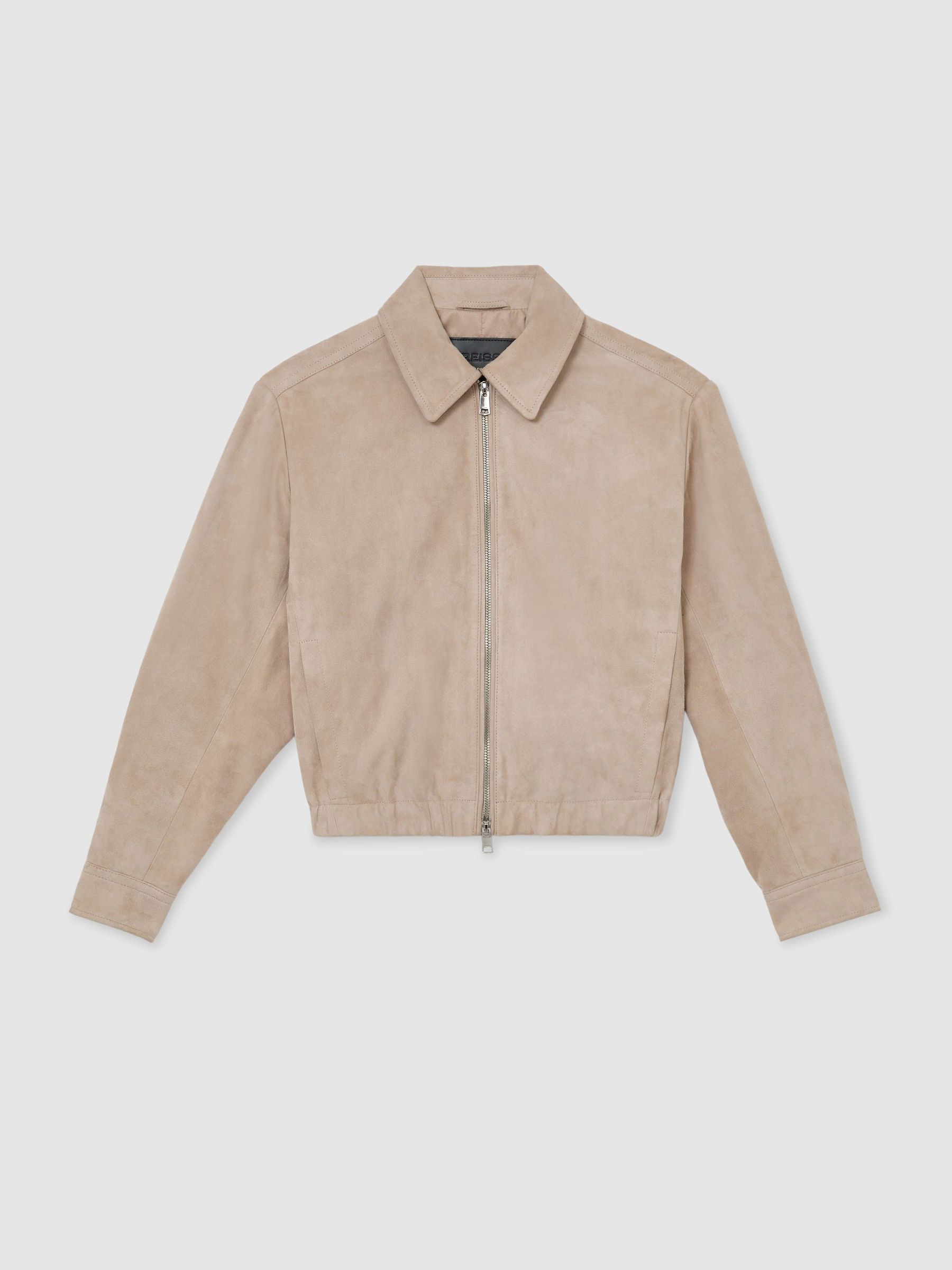 Petite Suede Cropped Bomber Jacket in Neutral - Image 2 of 8