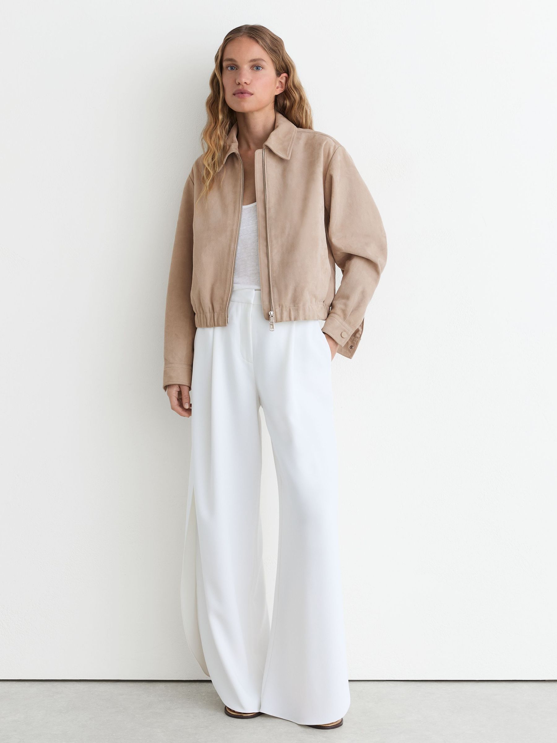 Petite Suede Cropped Bomber Jacket in Neutral - Image 4 of 8