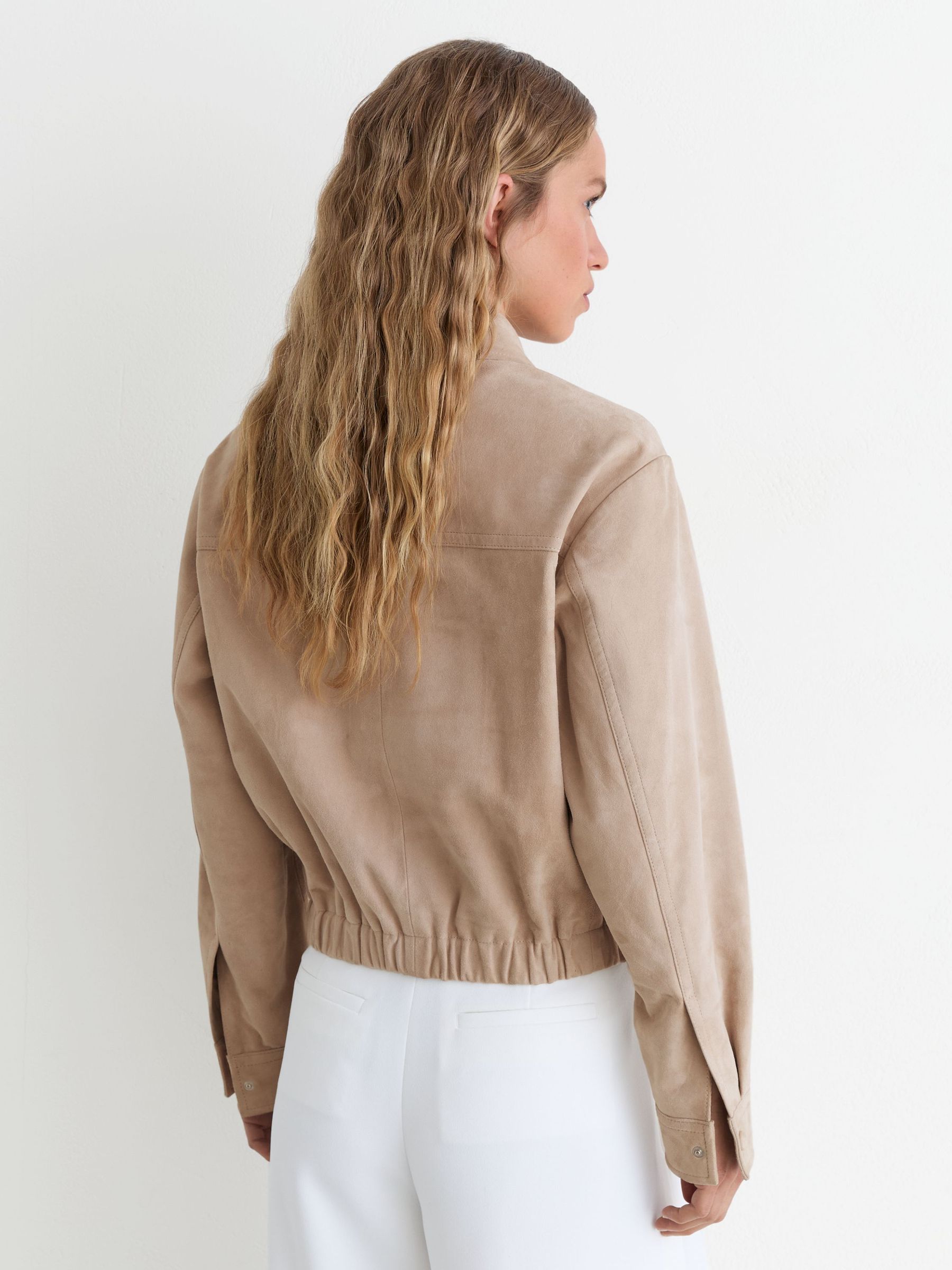 Petite Suede Cropped Bomber Jacket in Neutral - Image 6 of 8