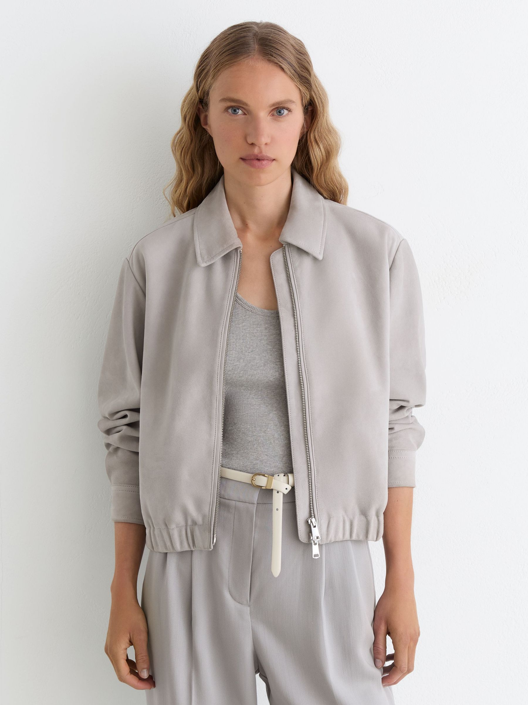 Suede Cropped Bomber Jacket in Light Grey - Image 1 of 5