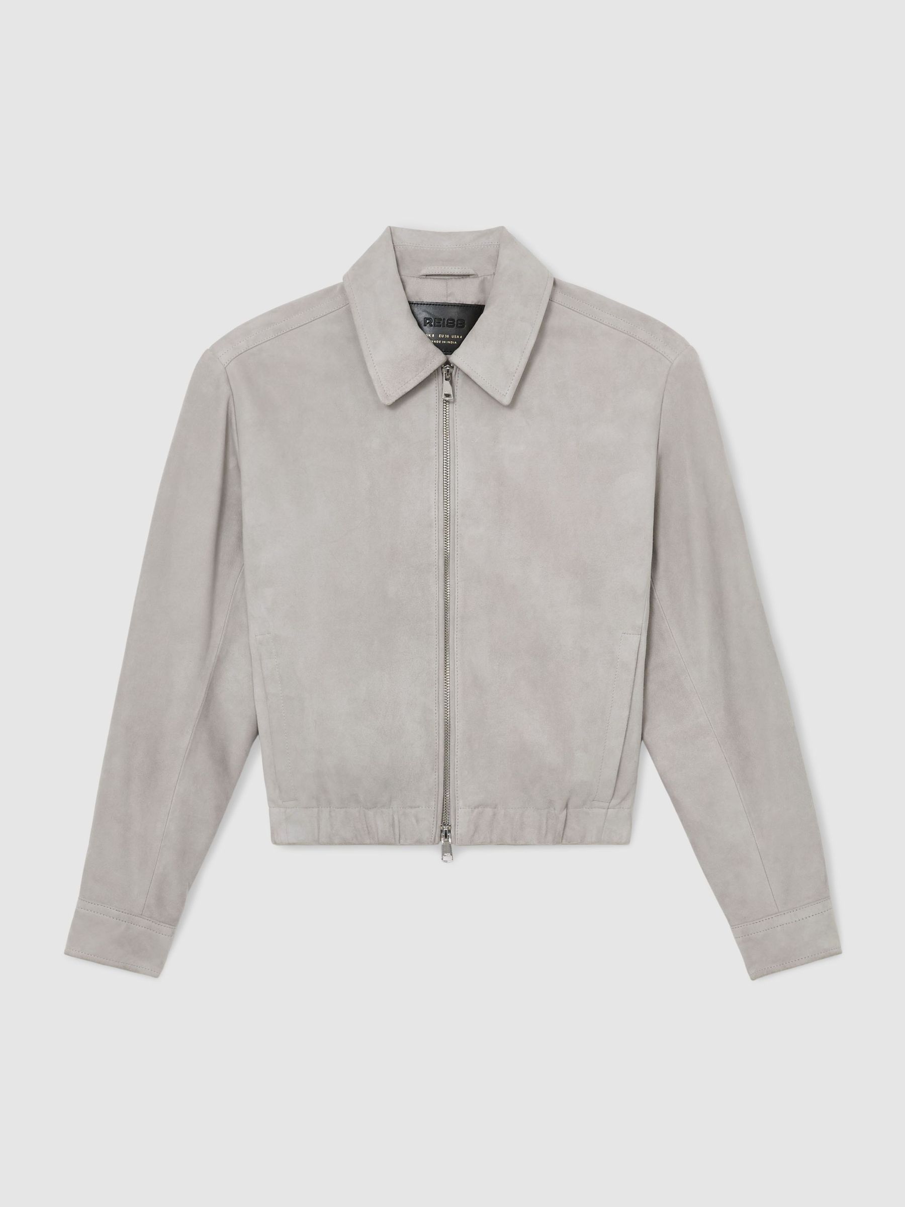 Suede Cropped Bomber Jacket in Light Grey - Image 2 of 5