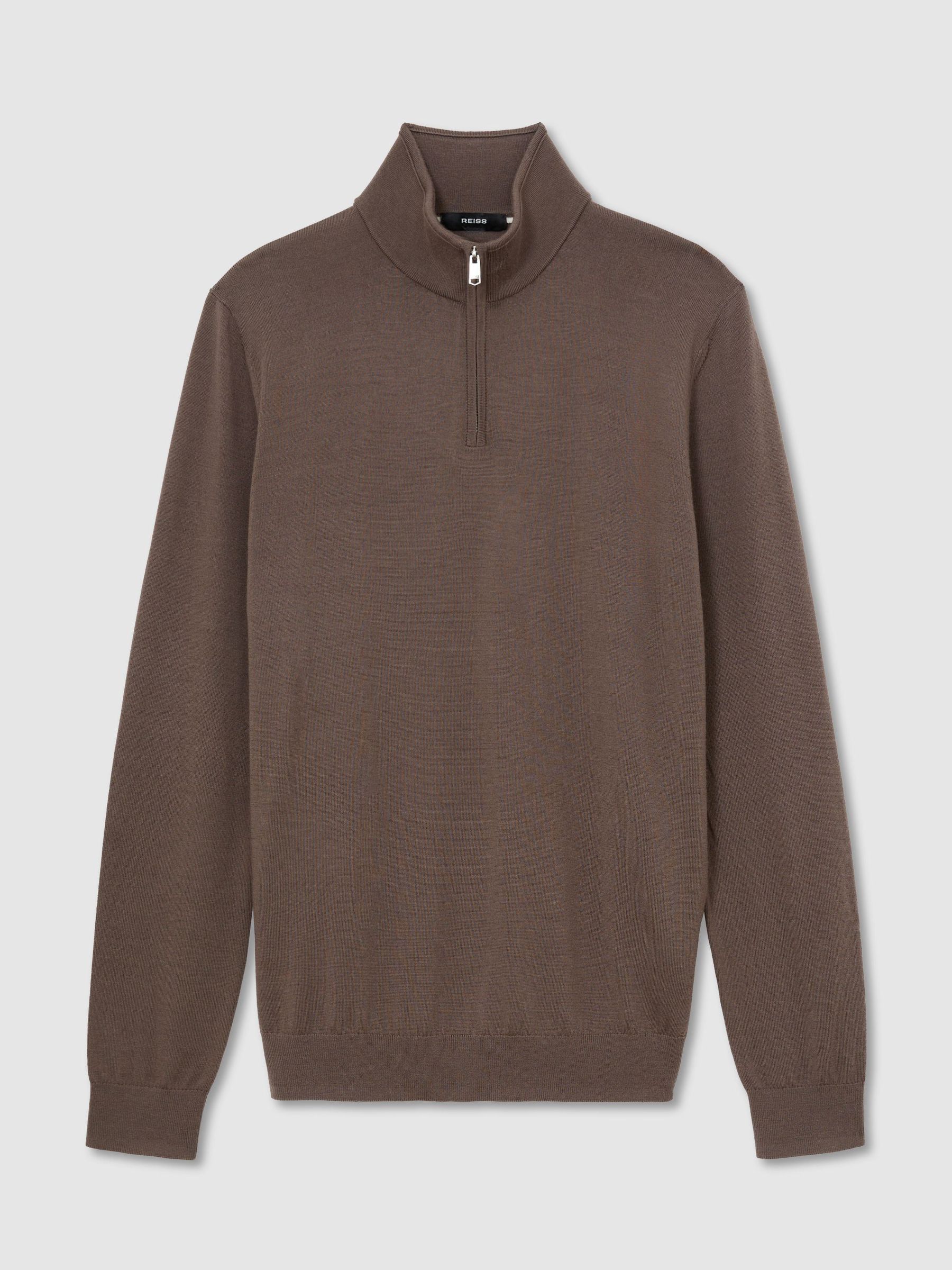 Merino Wool Half-Zip Funnel-Neck Jumper in Ridge Brown - Image 2 of 6