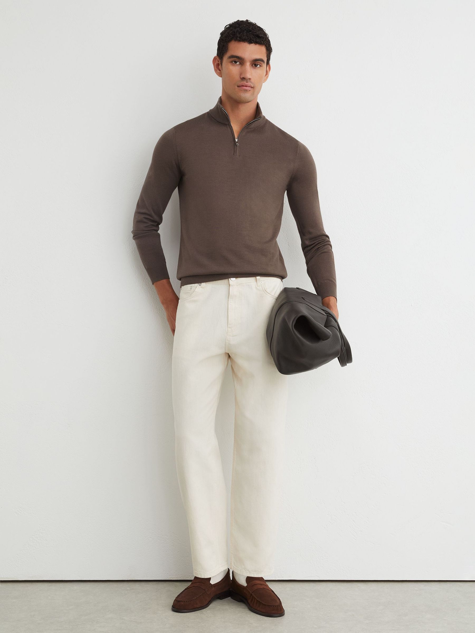 Merino Wool Half-Zip Funnel-Neck Jumper in Ridge Brown - Image 4 of 6