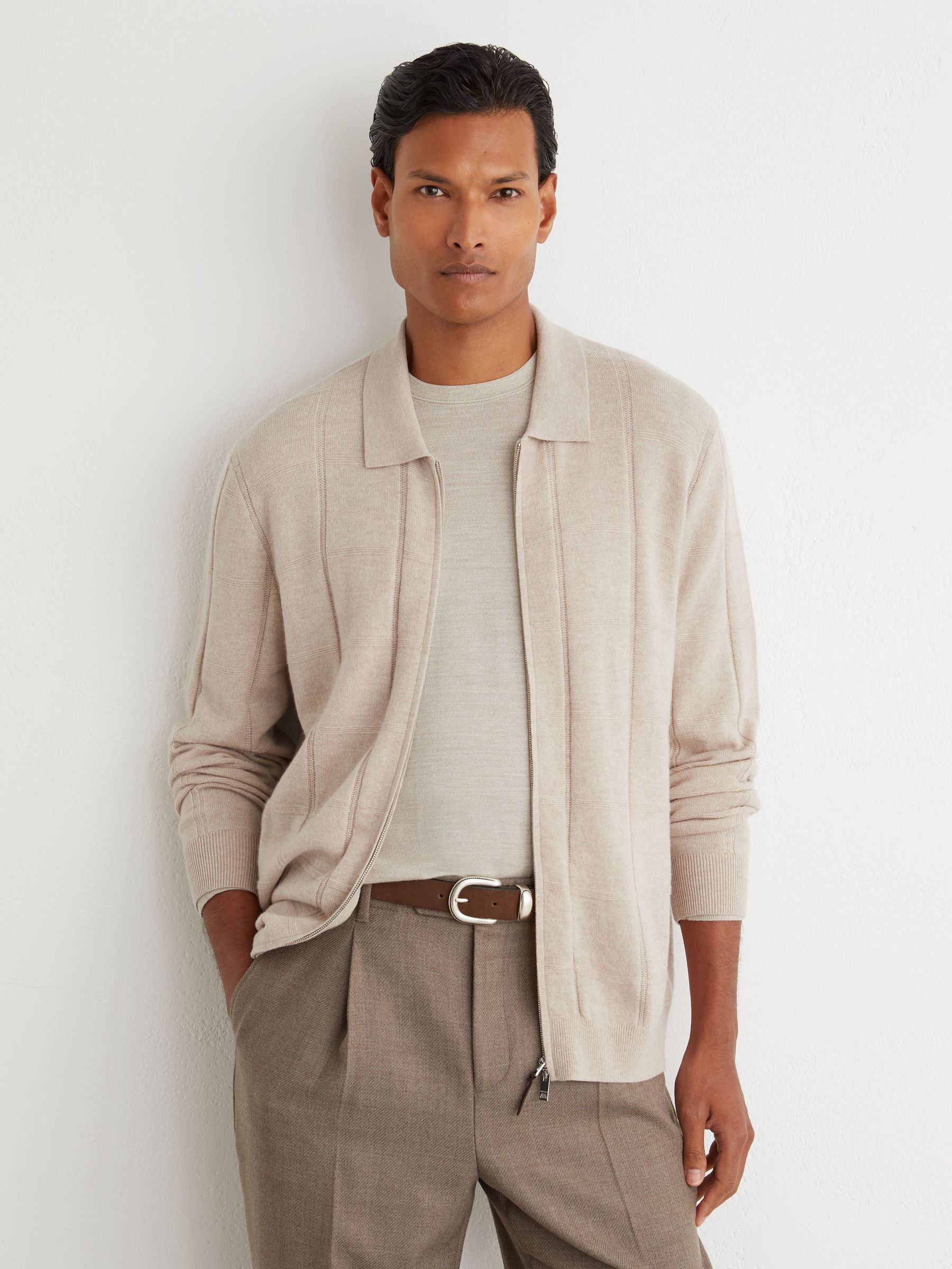 Wool Check-Textured Zip-Through Cardigan in Oatmeal - Image 1 of 6