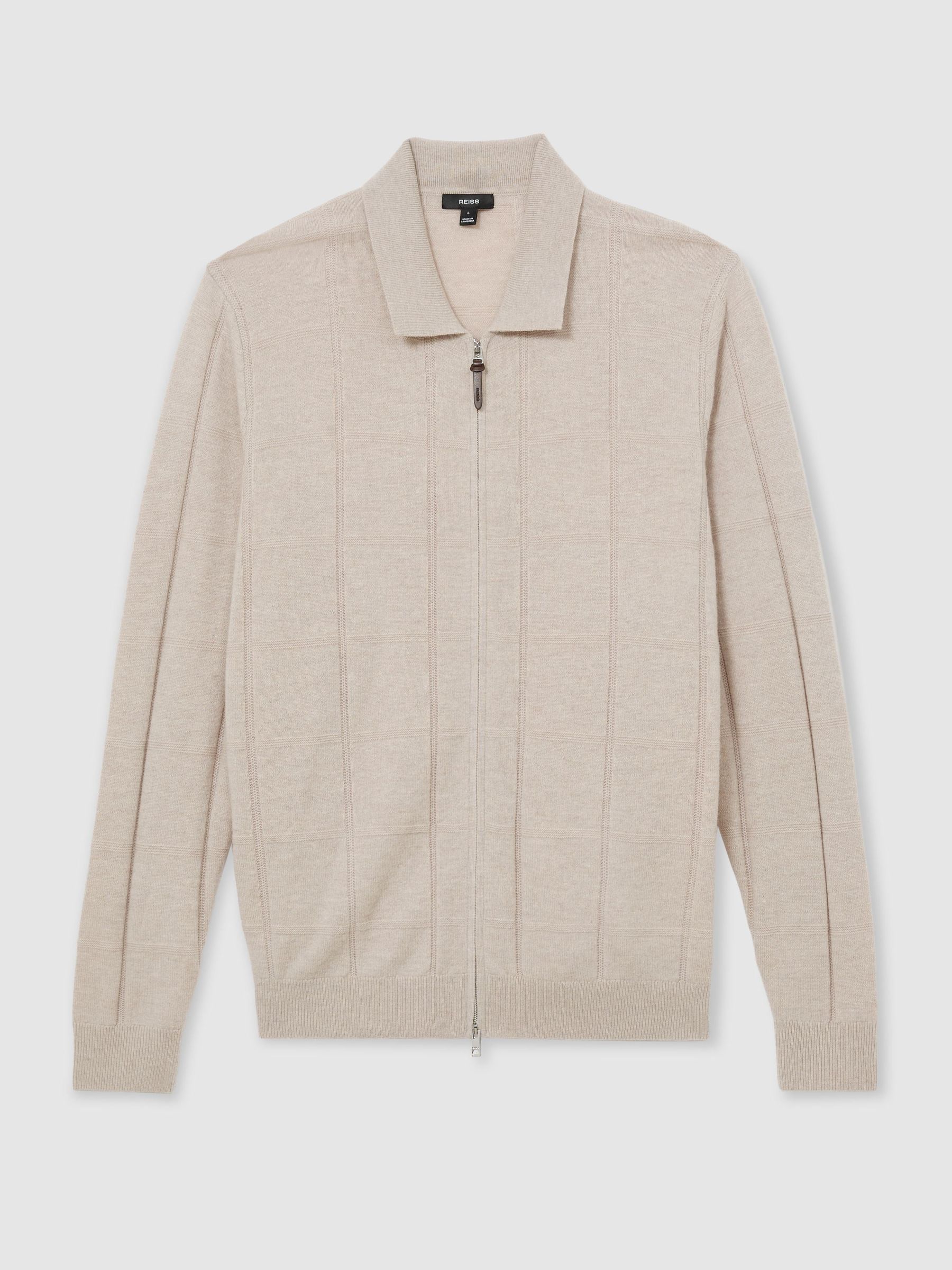 Wool Check-Textured Zip-Through Cardigan in Oatmeal - Image 2 of 6