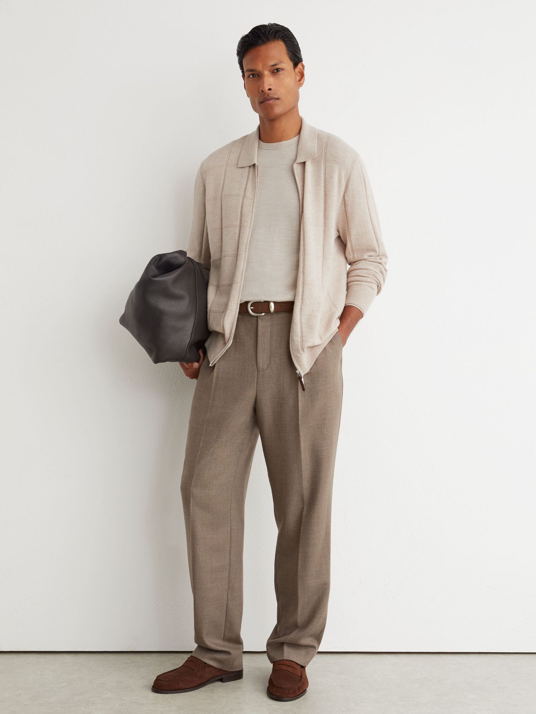 Wool Check-Textured Zip-Through Cardigan in Oatmeal - Image 4 of 6