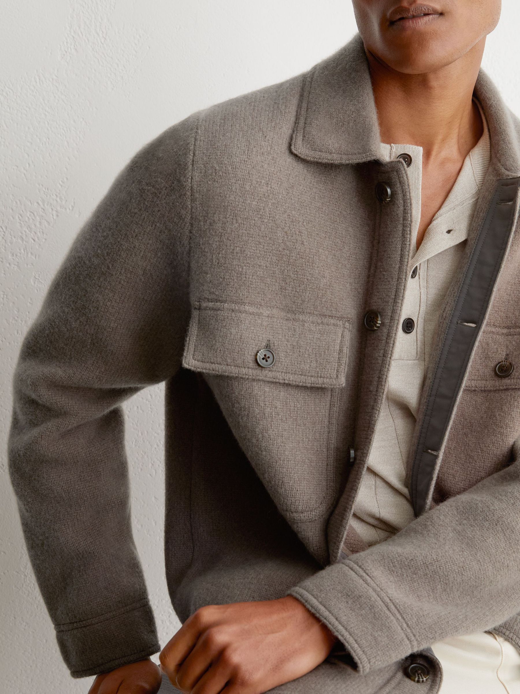 Brushed Wool Button-Through Relaxed Overshirt in Taupe Brown - Image 1 of 7