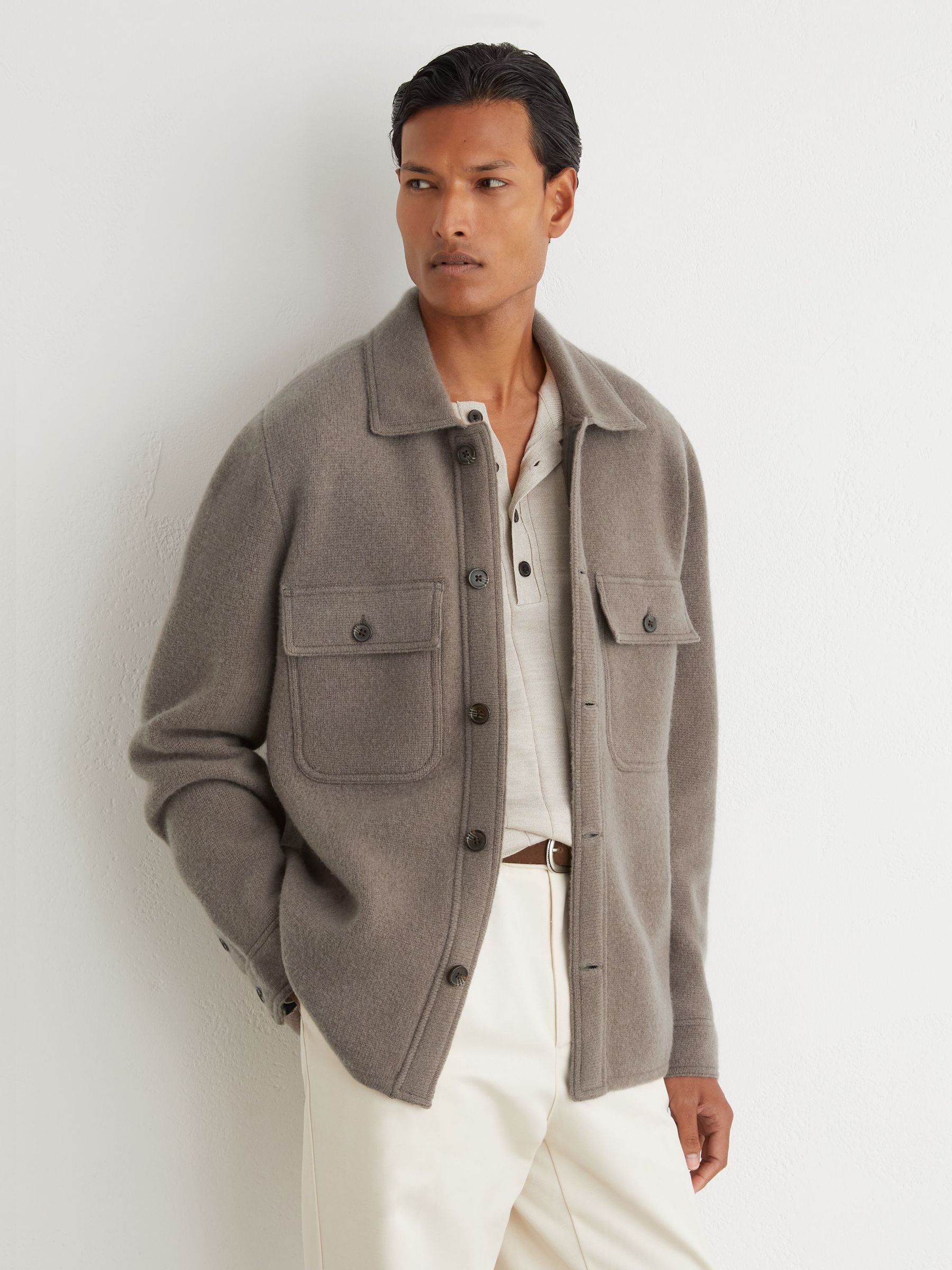Brushed Wool Button-Through Relaxed Overshirt in Taupe Brown - Image 3 of 7