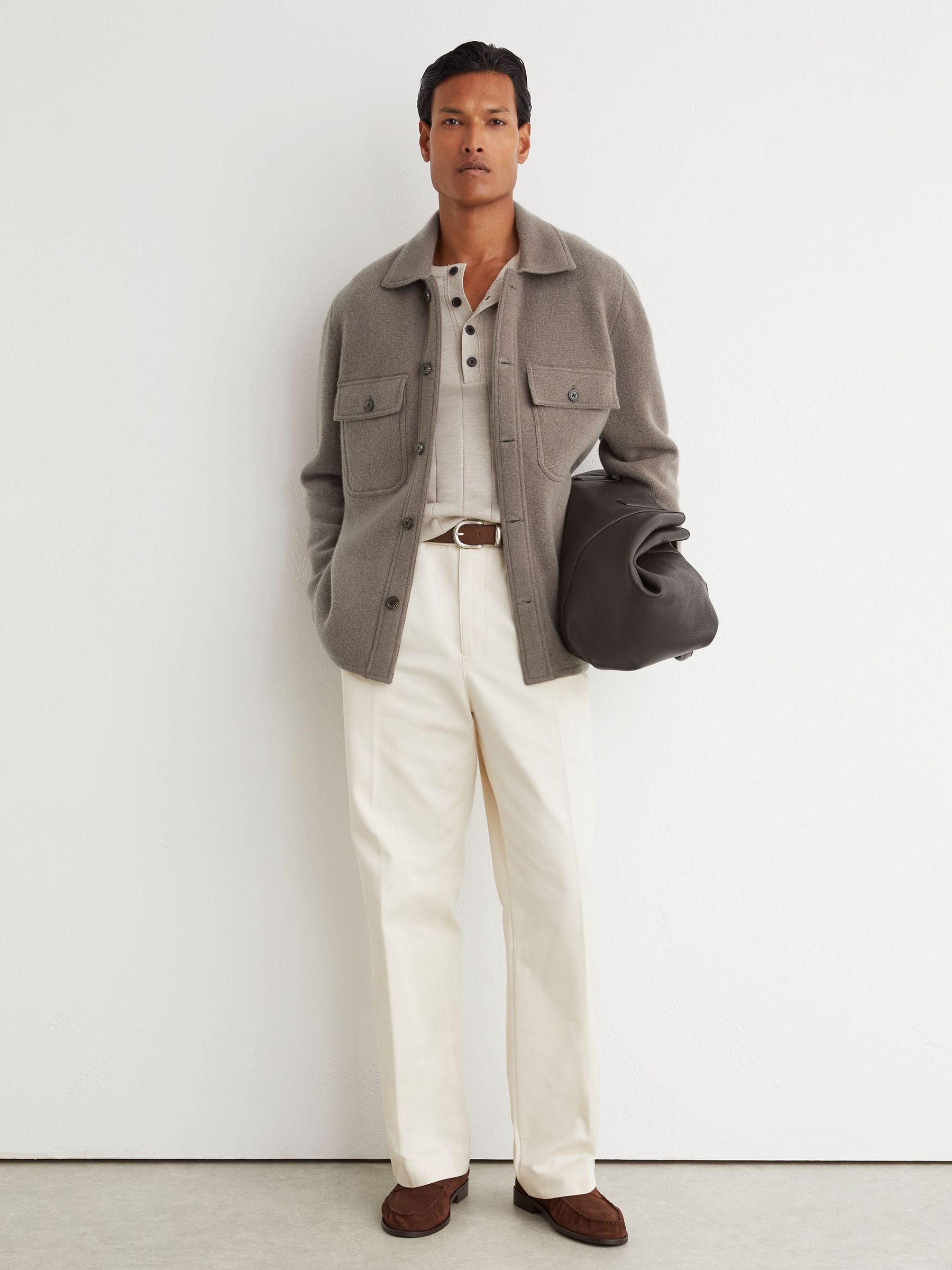 Brushed Wool Button-Through Relaxed Overshirt in Taupe Brown - Image 4 of 7