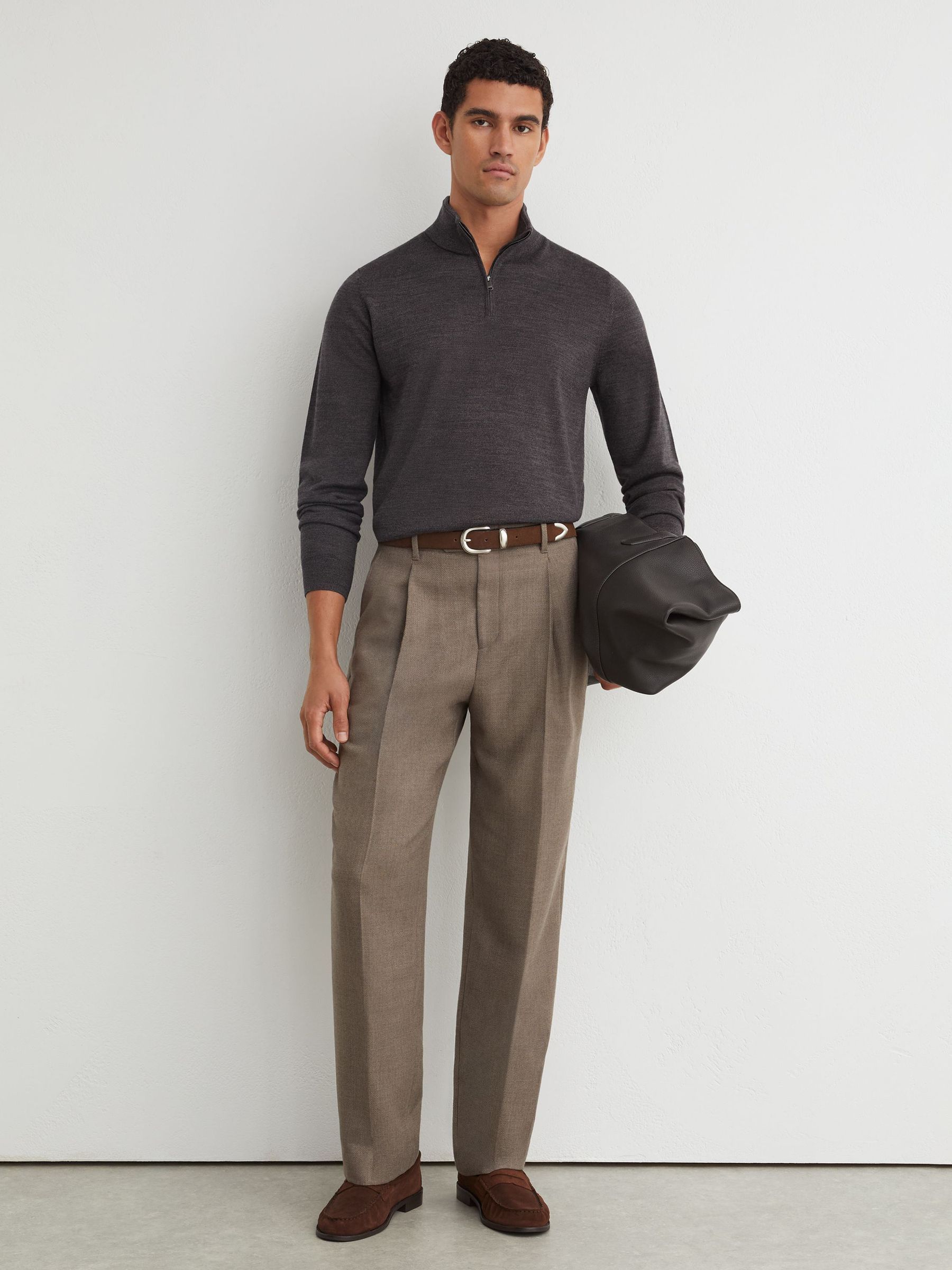 Merino Wool Half-Zip Funnel-Neck Jumper in Dark Wicker Brown - Image 4 of 6