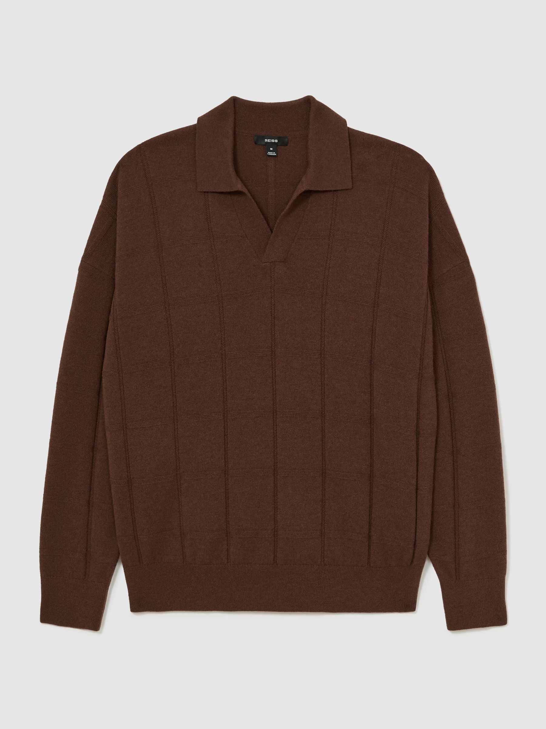 Wool Square-Textured Open-Collar Polo Jumper in Tobacco Brown - Image 2 of 6