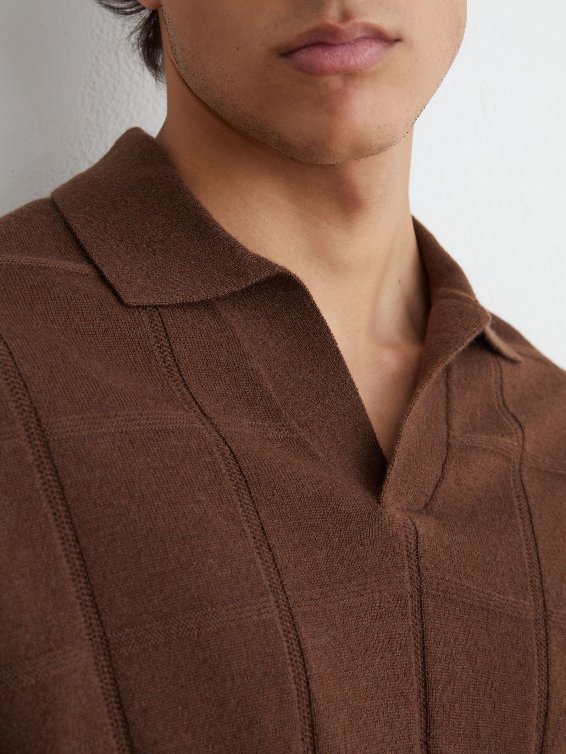 Wool Square-Textured Open-Collar Polo Jumper in Tobacco Brown - Image 3 of 6