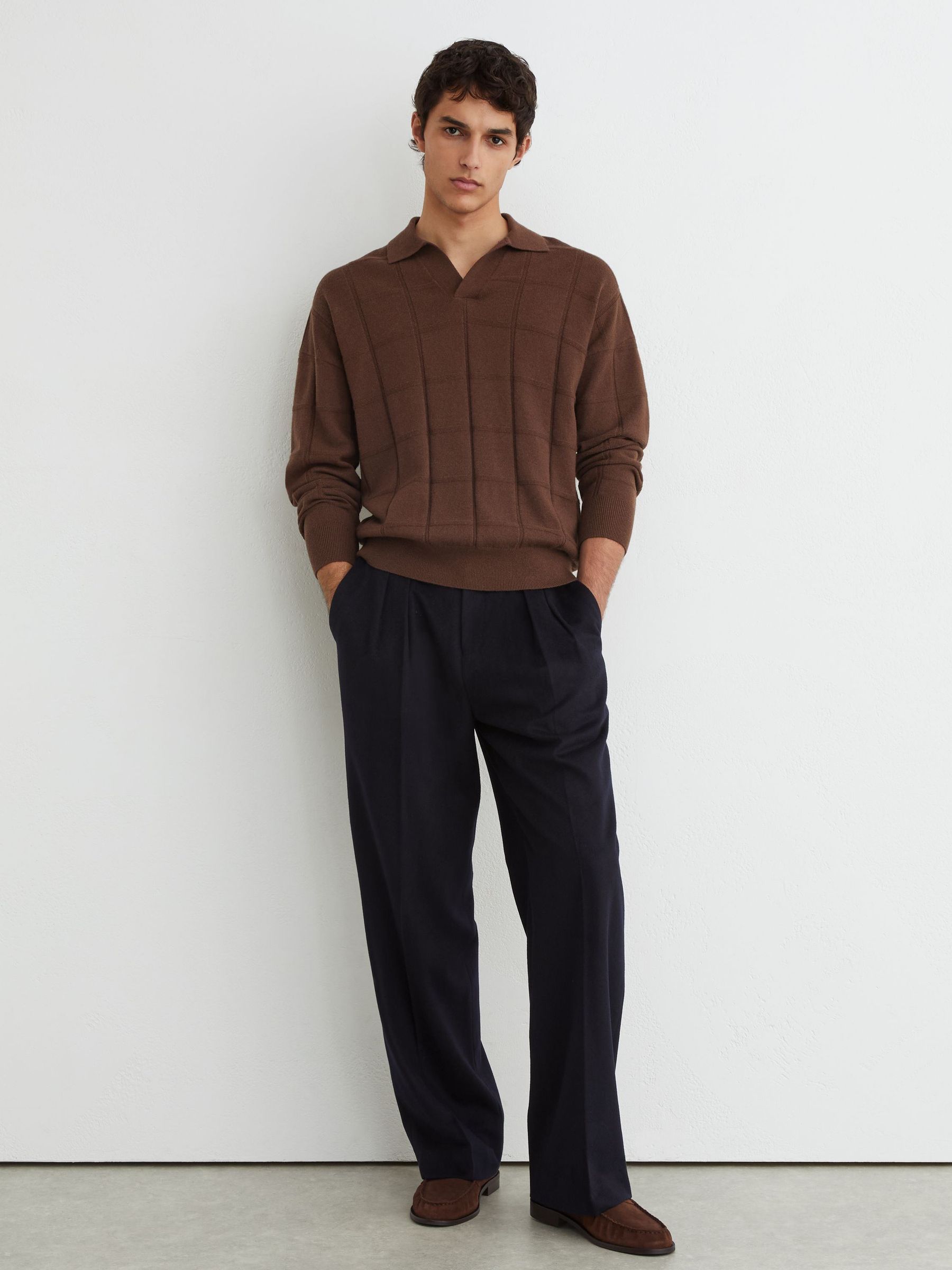 Wool Square-Textured Open-Collar Polo Jumper in Tobacco Brown - Image 4 of 6