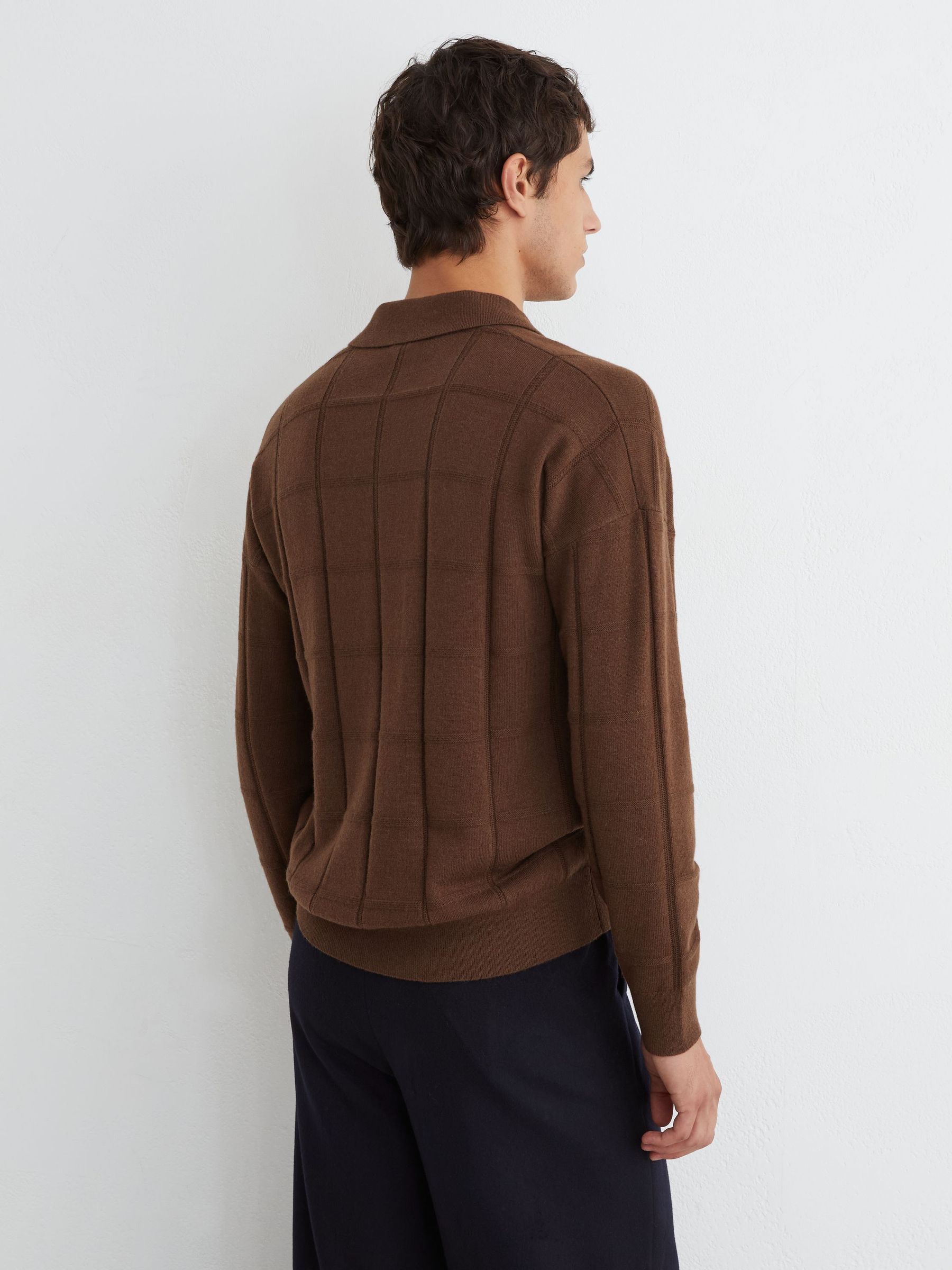 Wool Square-Textured Open-Collar Polo Jumper in Tobacco Brown - Image 5 of 6