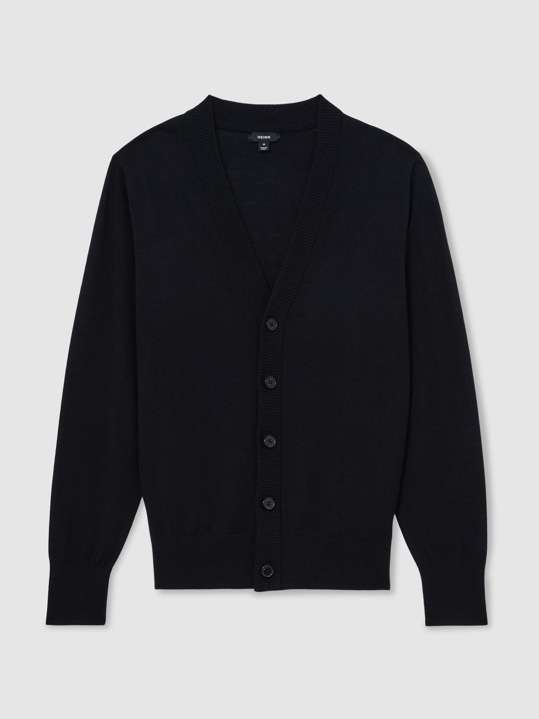 Merino Wool V-Neck Cardigan in Navy - Image 2 of 7 Merino Wool V-Neck Cardigan in Navy - Image 2 of 7