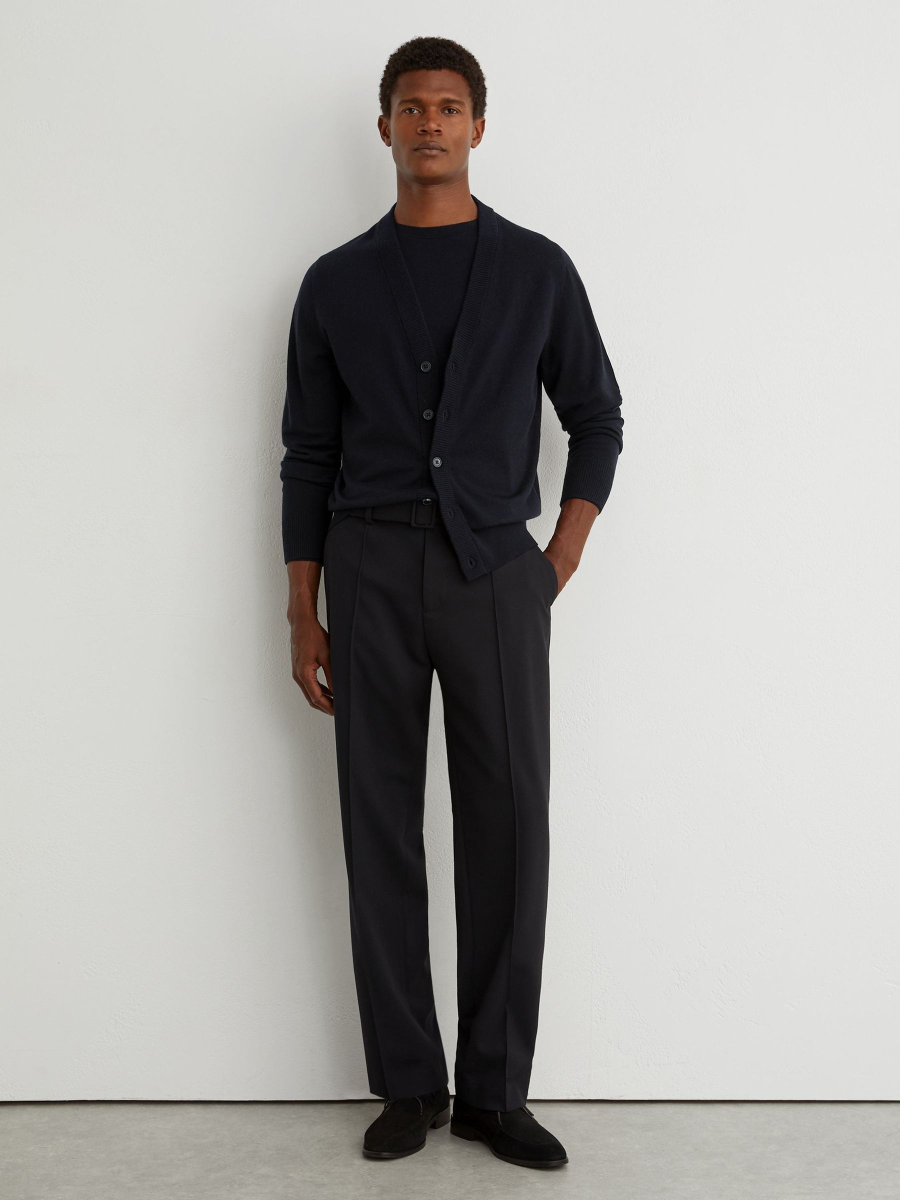 Merino Wool V-Neck Cardigan in Navy - Image 4 of 7