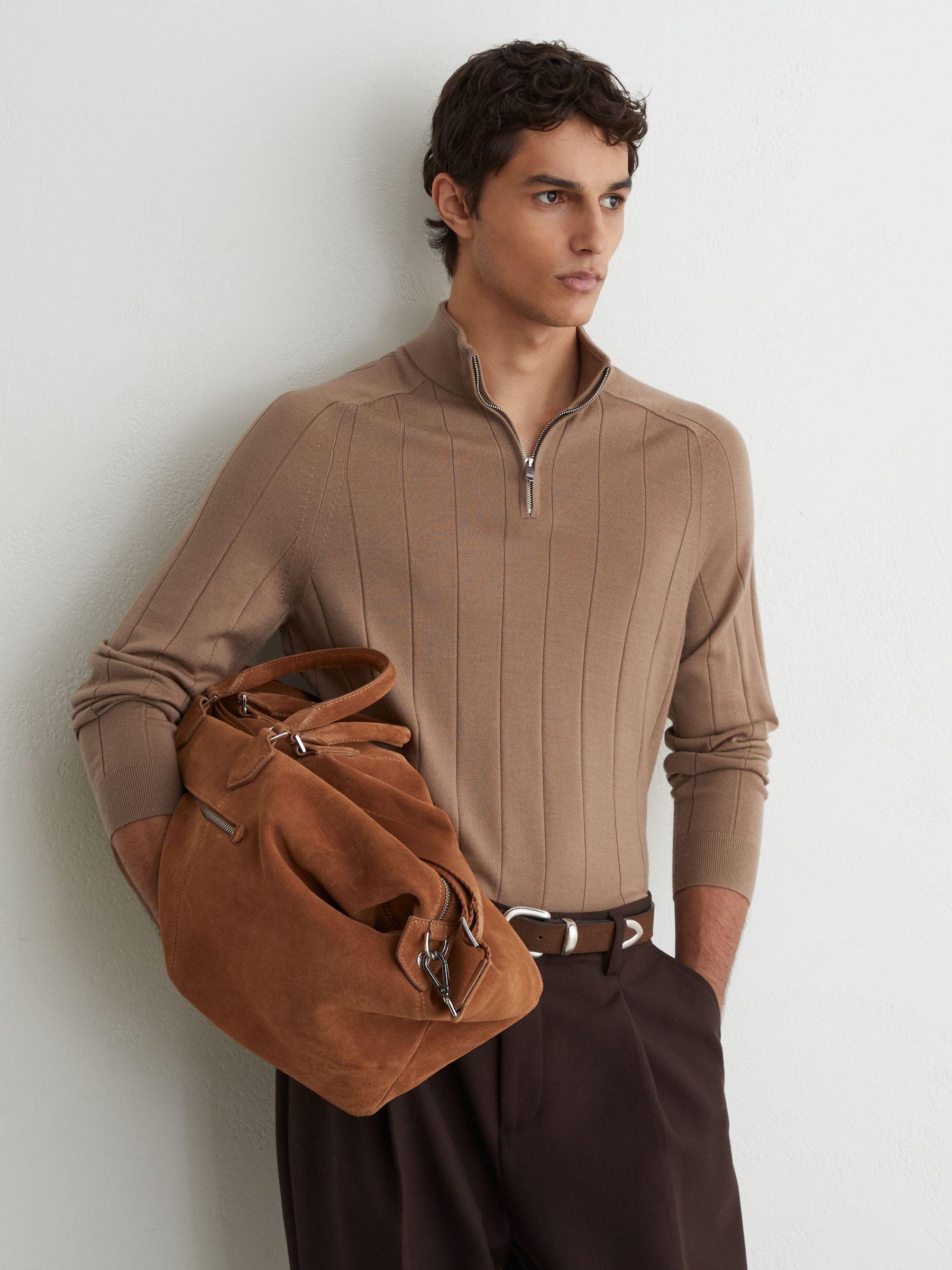 Merino Wool Wide-Rib Half-Zip Jumper in Camel Brown - Image 1 of 6 Merino Wool Wide-Rib Half-Zip Jumper in Camel Brown - Image 1 of 6
