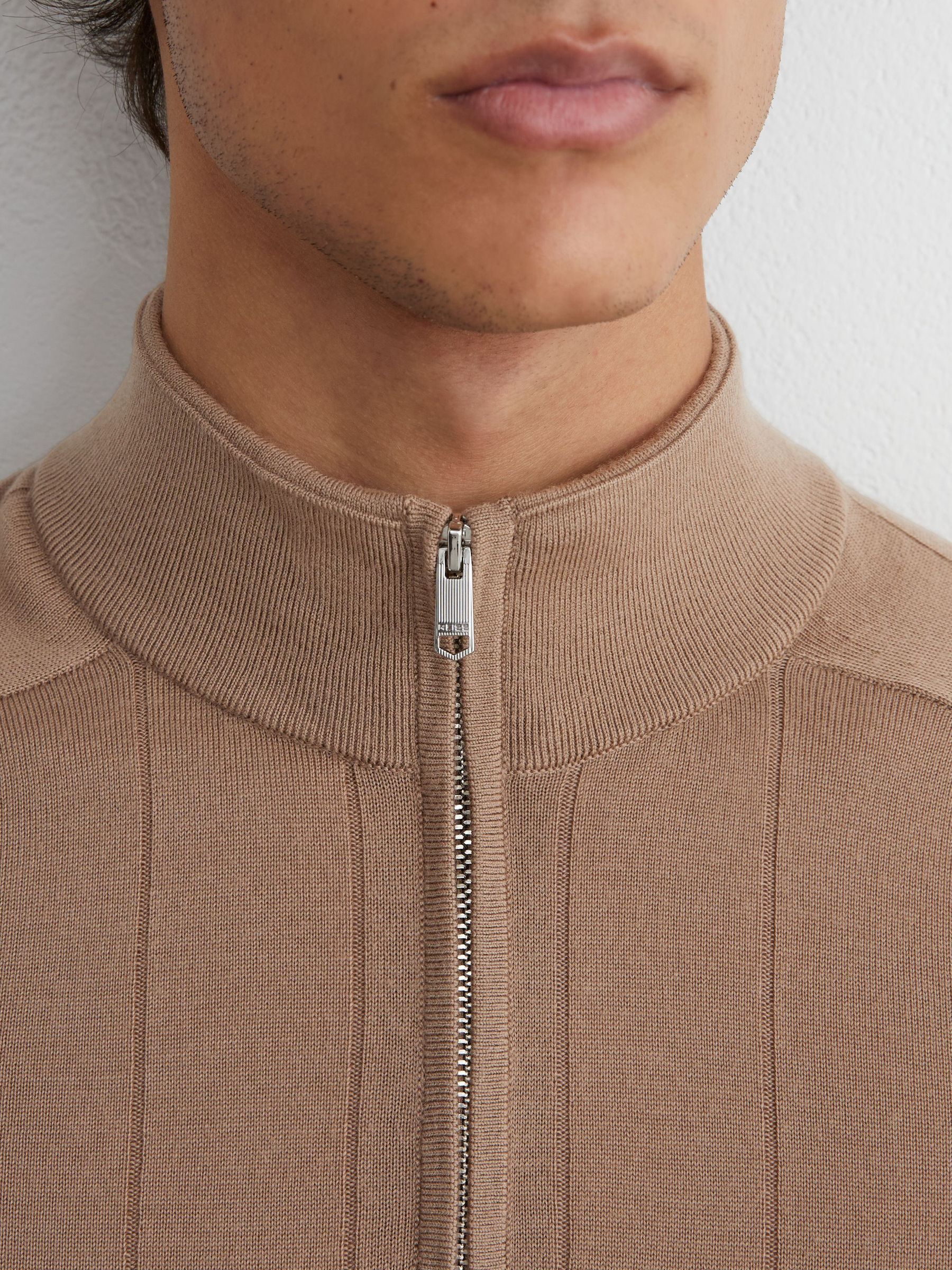Merino Wool Wide-Rib Half-Zip Jumper in Camel Brown - Image 3 of 6