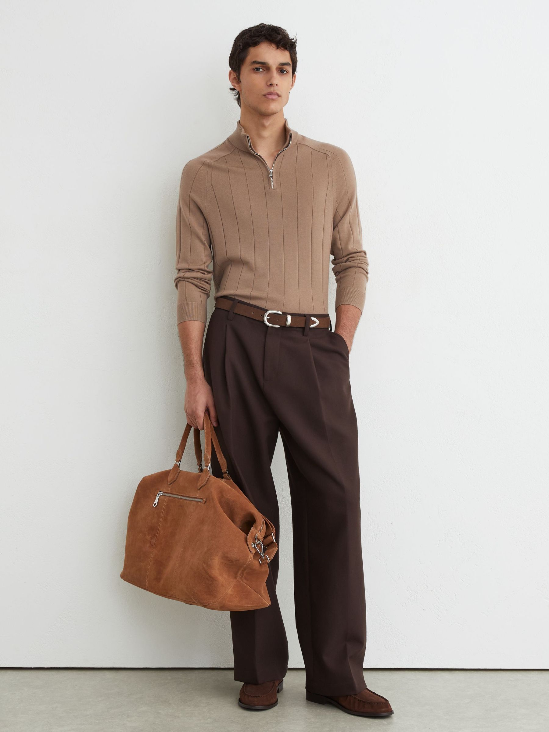 Merino Wool Wide-Rib Half-Zip Jumper in Camel Brown - Image 4 of 6