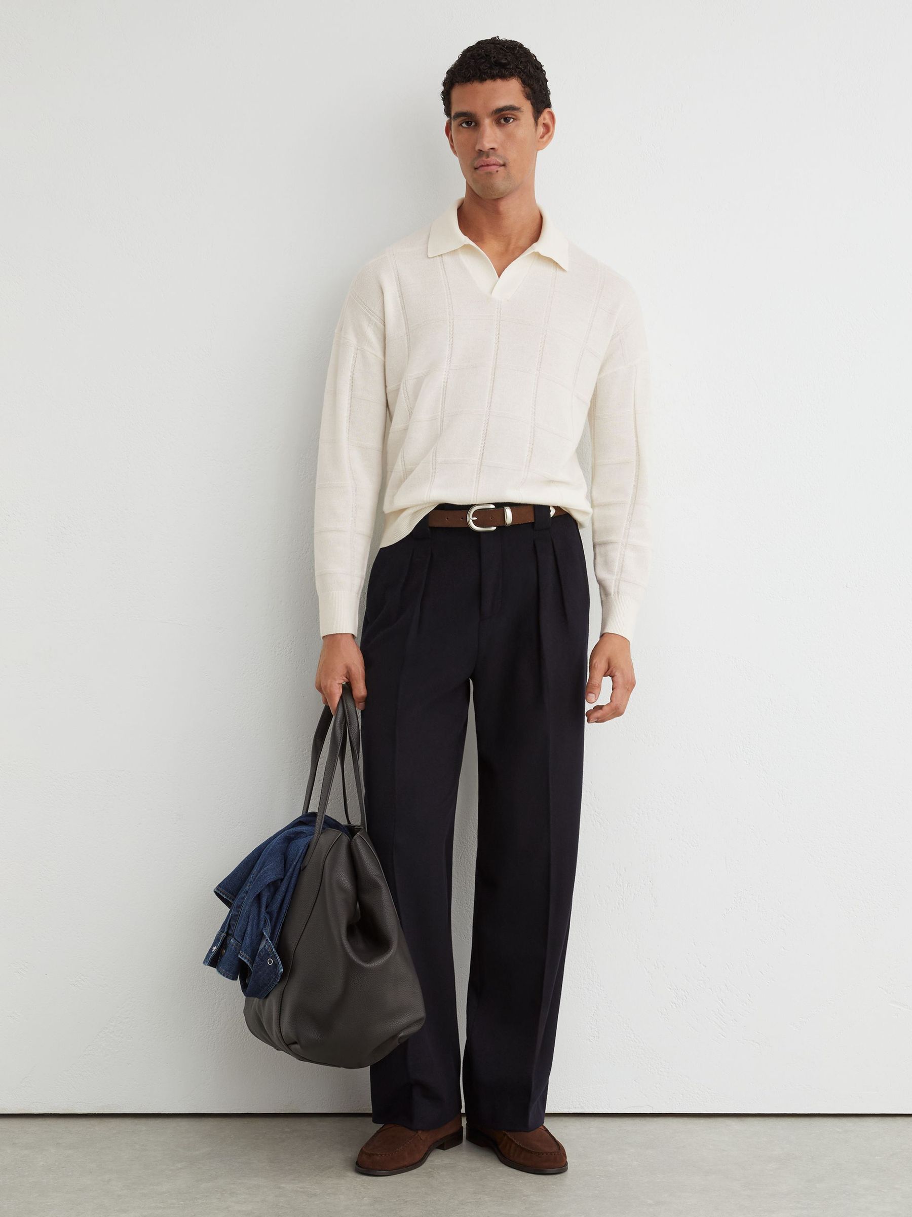 Wool Square-Textured Open-Collar Polo Jumper in White - 圖片 3/6